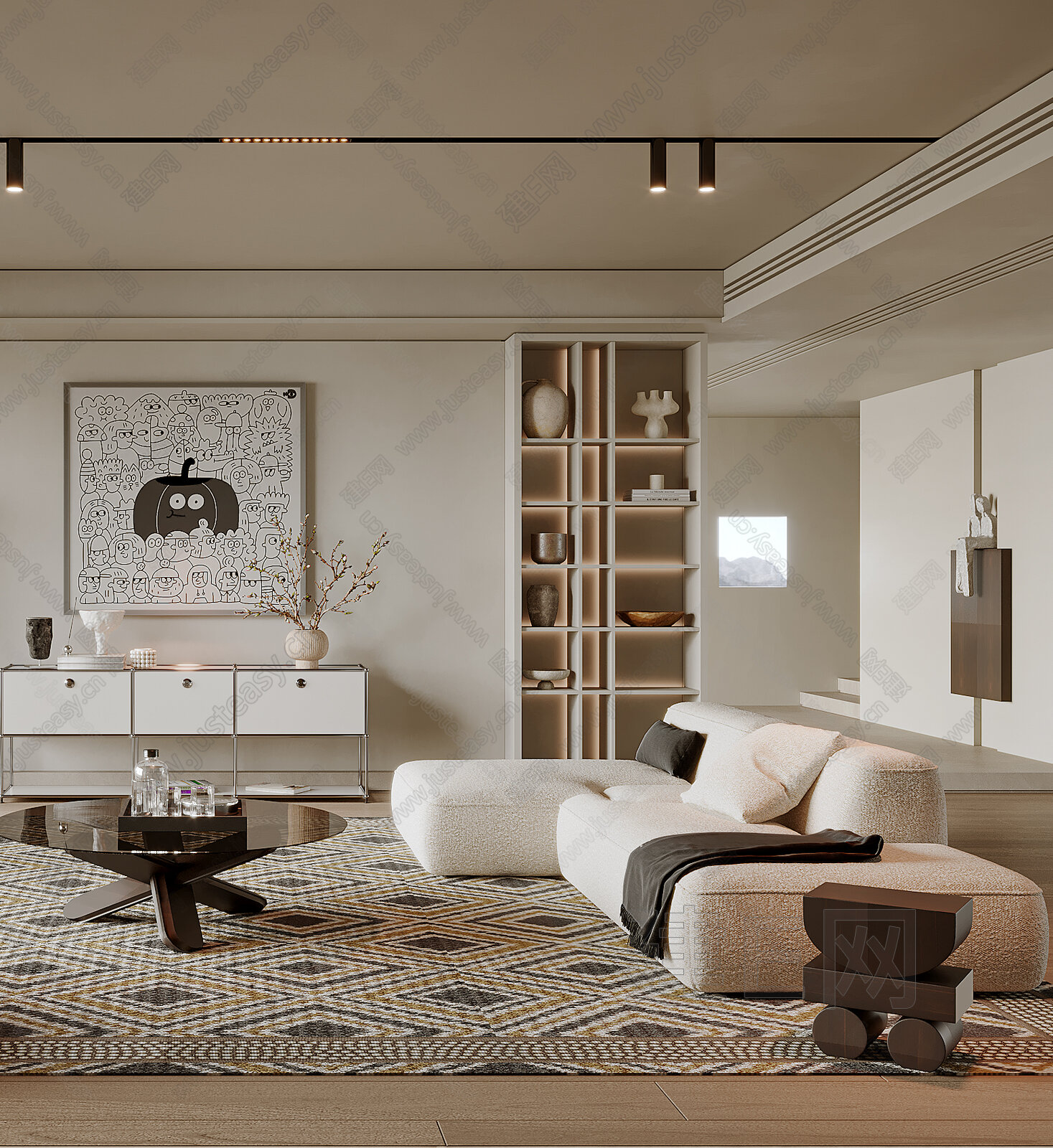 现代奶油风客厅3d模型下载[ID:111629667]_建e网3d模型
