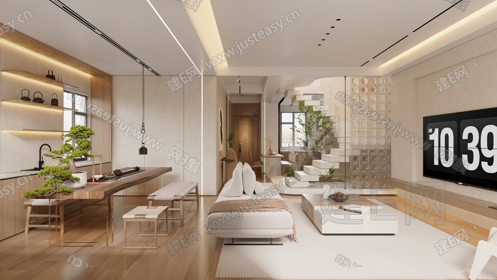现代复式奶油风客餐厅3d模型下载[ID:111629650]_建e网3d模型