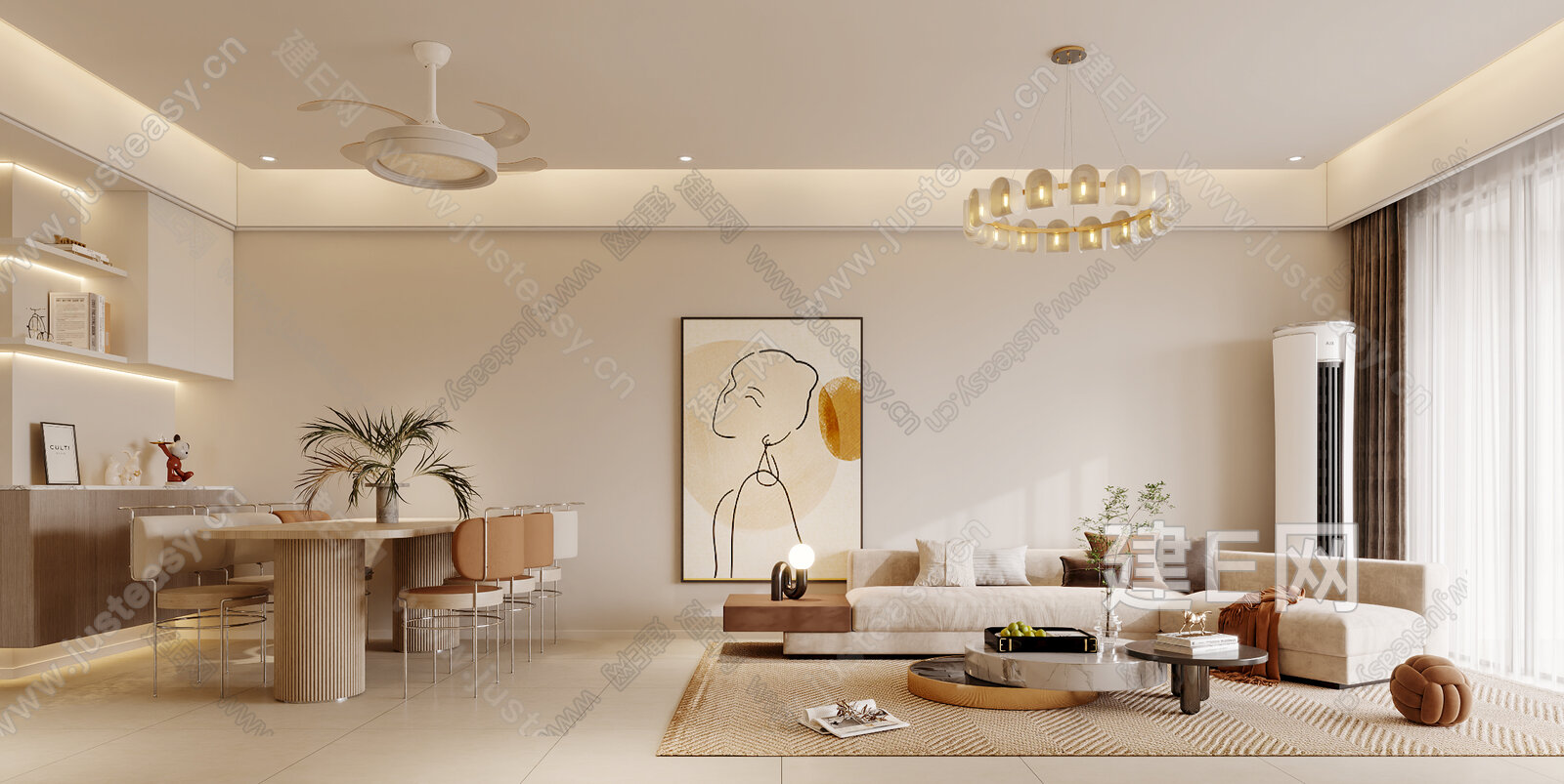现代奶油风客餐厅厨房3d模型下载[ID:111367623]_建e网3d模型