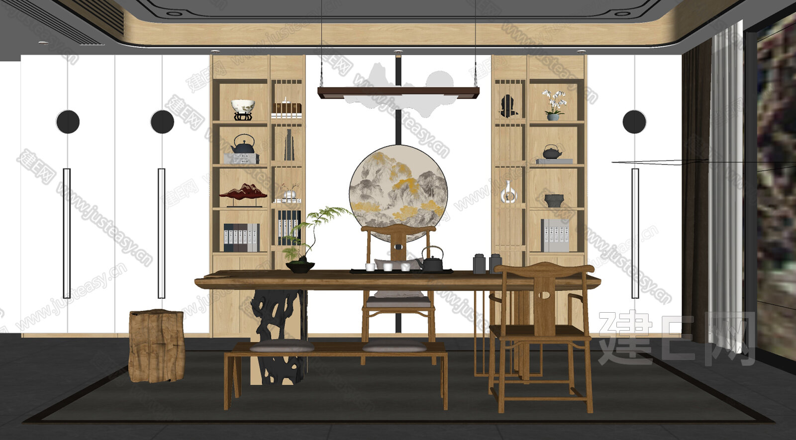 新中式茶室模型SU模型下载[ID:110841277]_建E室内设计网