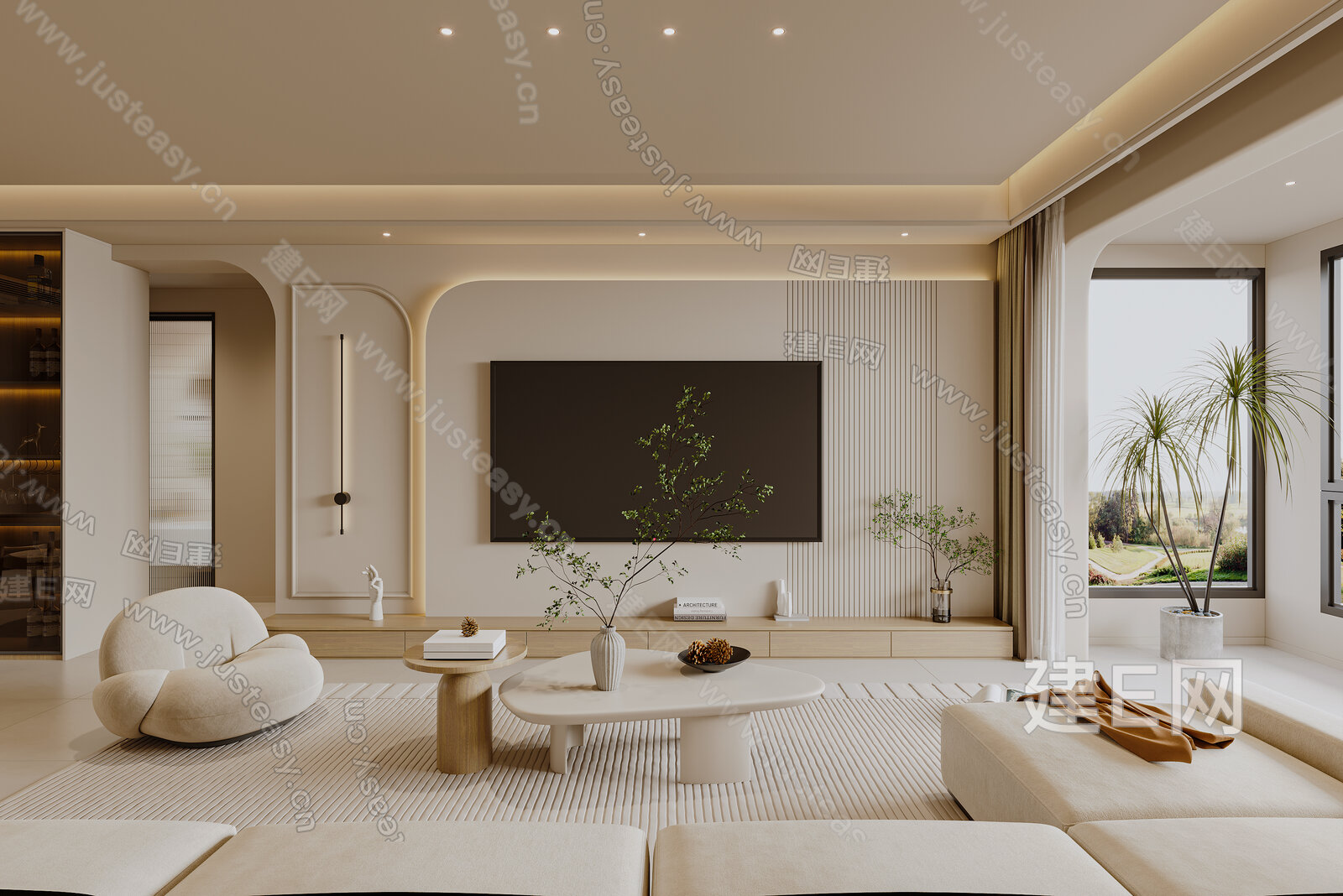 现代奶油风客厅3d模型下载[ID:111891927]_建e网3d模型