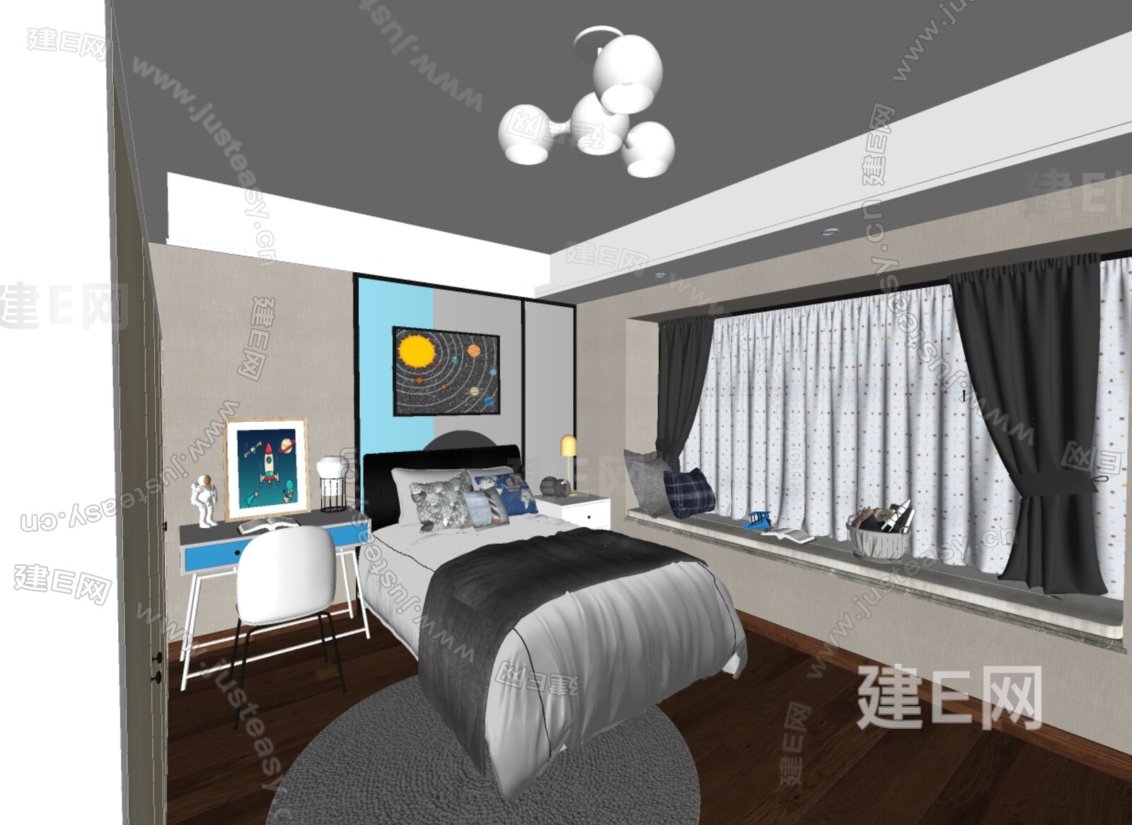 臻品空间设计 现代儿童房模型SU模型下载[ID:111627768]_建e网su模型