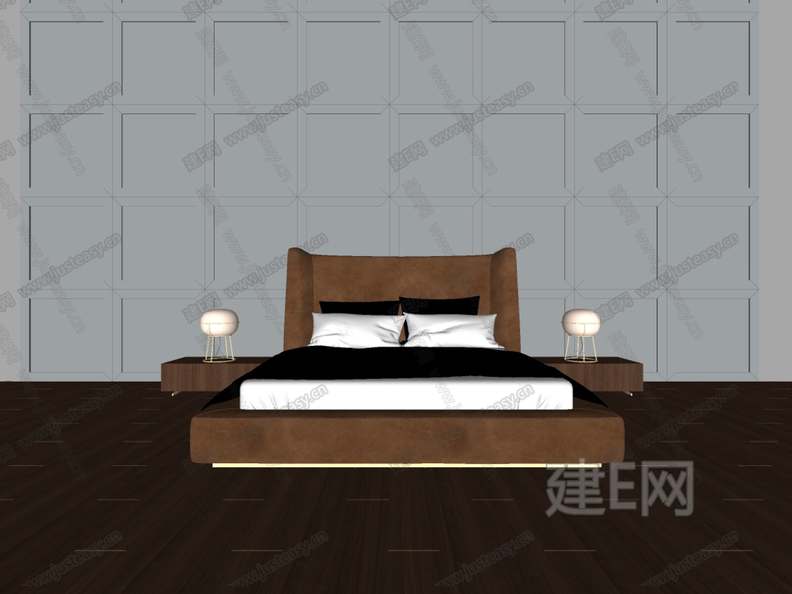 现代双人床模型SU模型下载[ID:111234426]_建E室内设计网