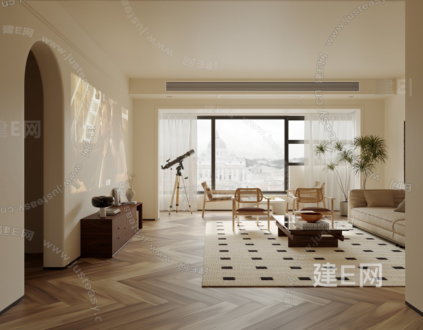 现代奶油风客厅3d模型下载[ID:112940332]_建e网3d模型