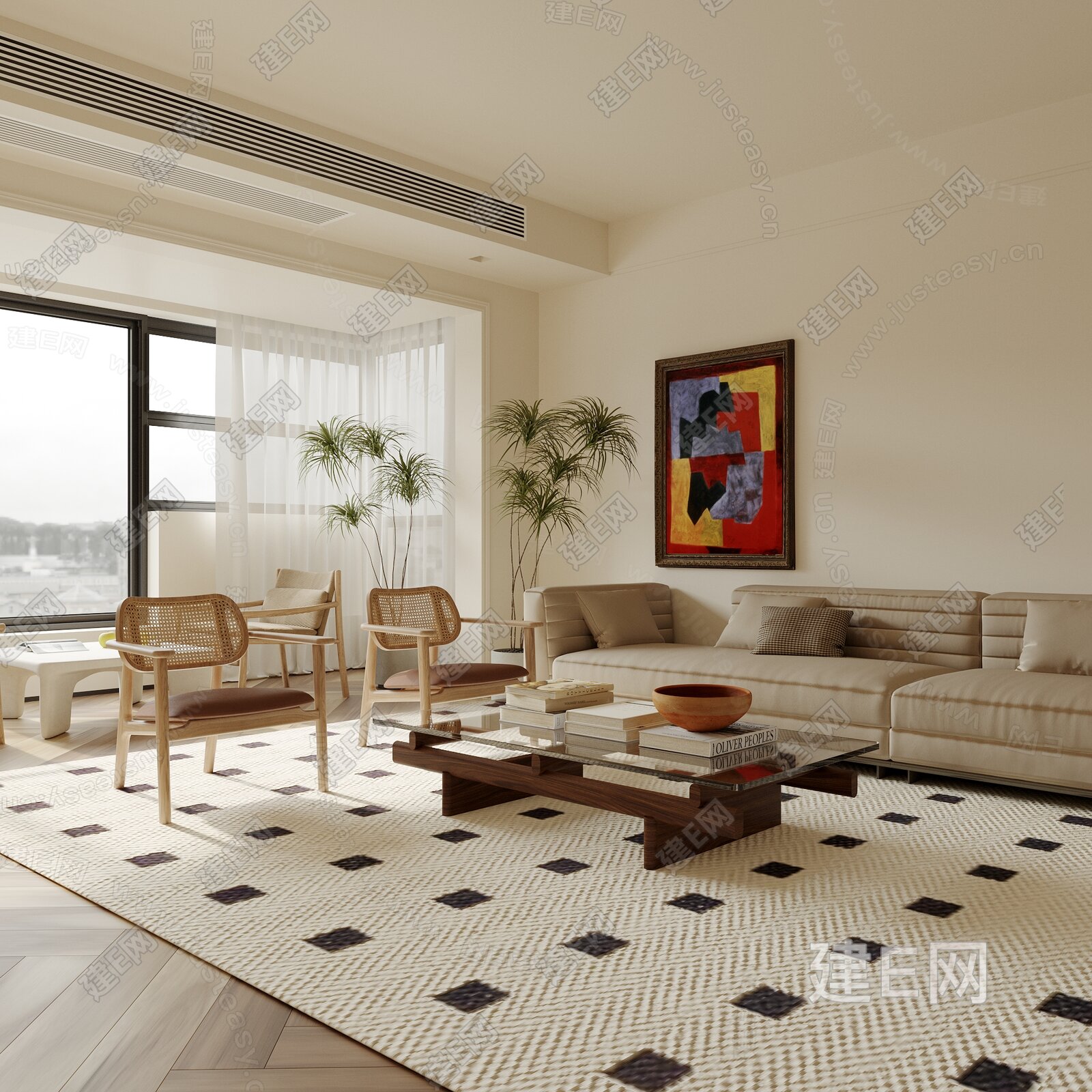 现代奶油风客厅3d模型下载[ID:112940332]_建e网3d模型