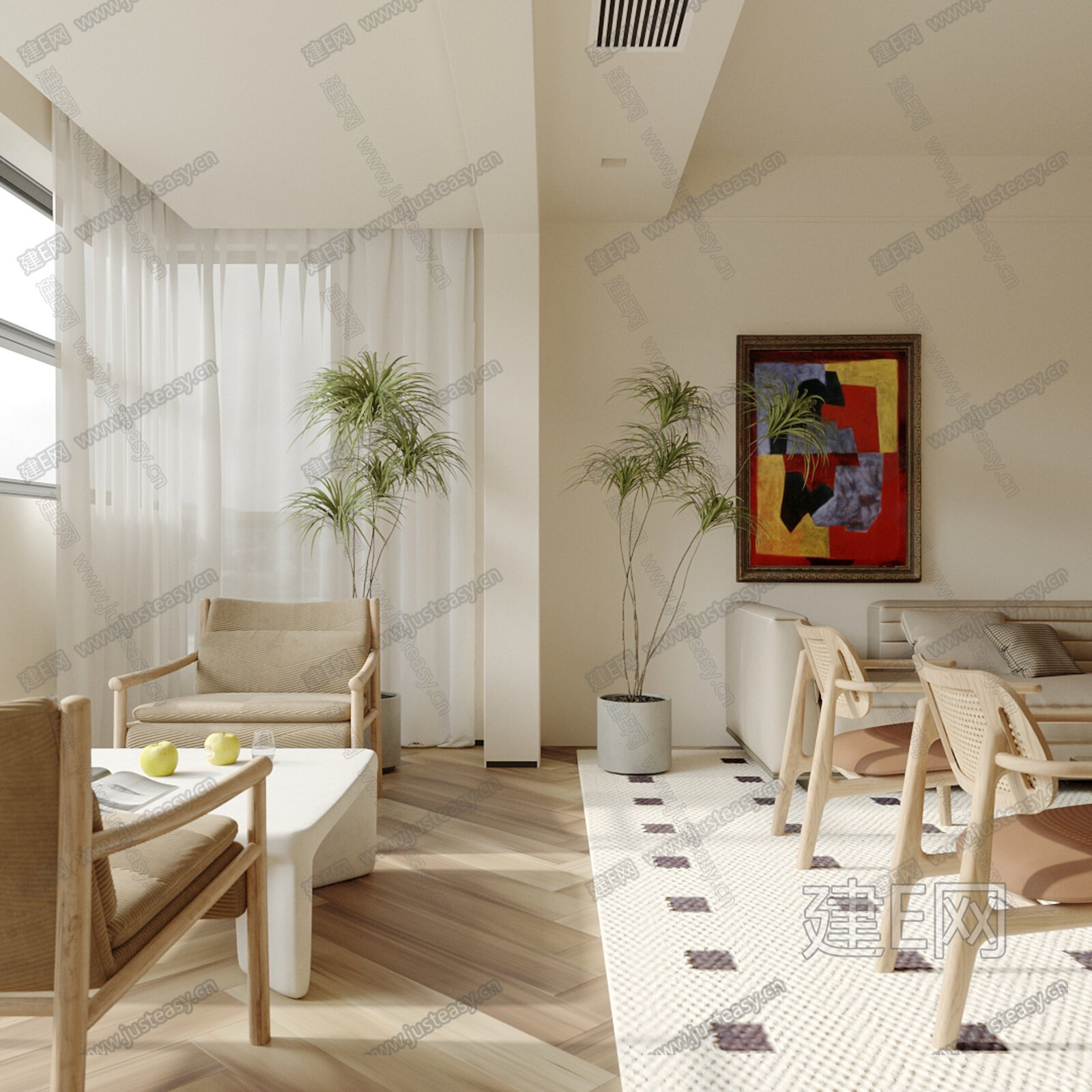 现代奶油风客厅3d模型下载[ID:112940332]_建e网3d模型