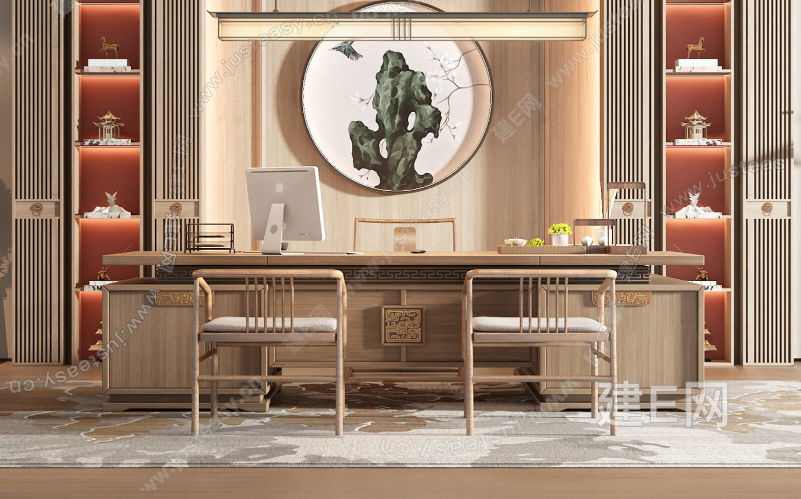 新中式领导办公室3d模型下载[ID:112874935]_建e网3d模型