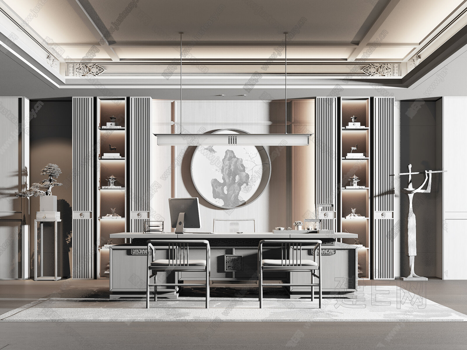 新中式领导办公室3d模型下载[ID:112874935]_建e网3d模型