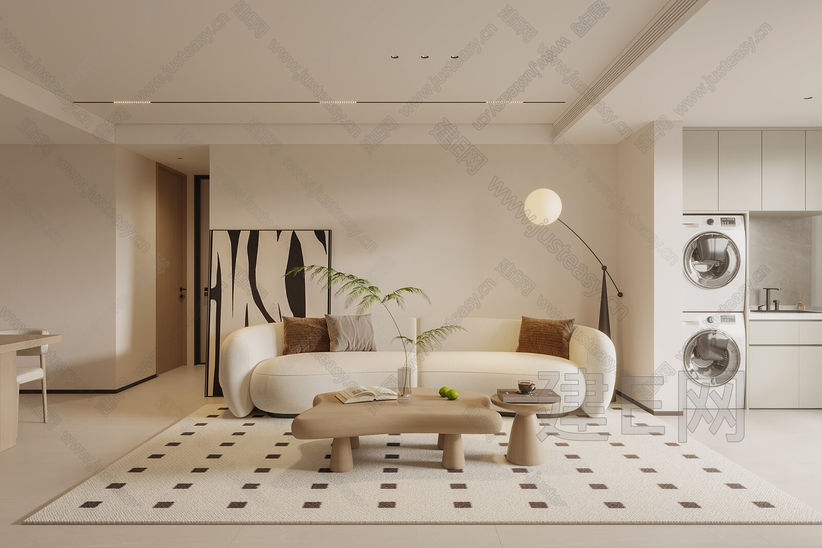 现代奶油风客厅3d模型下载[ID:105731277]_建e网3d模型