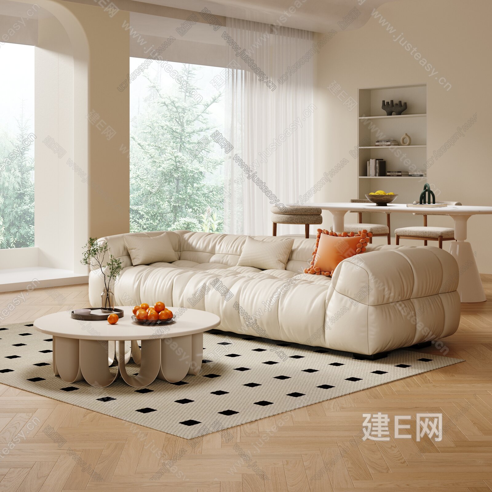 现代奶油风客餐厅3d模型下载[ID:105731095]_建e网3d模型