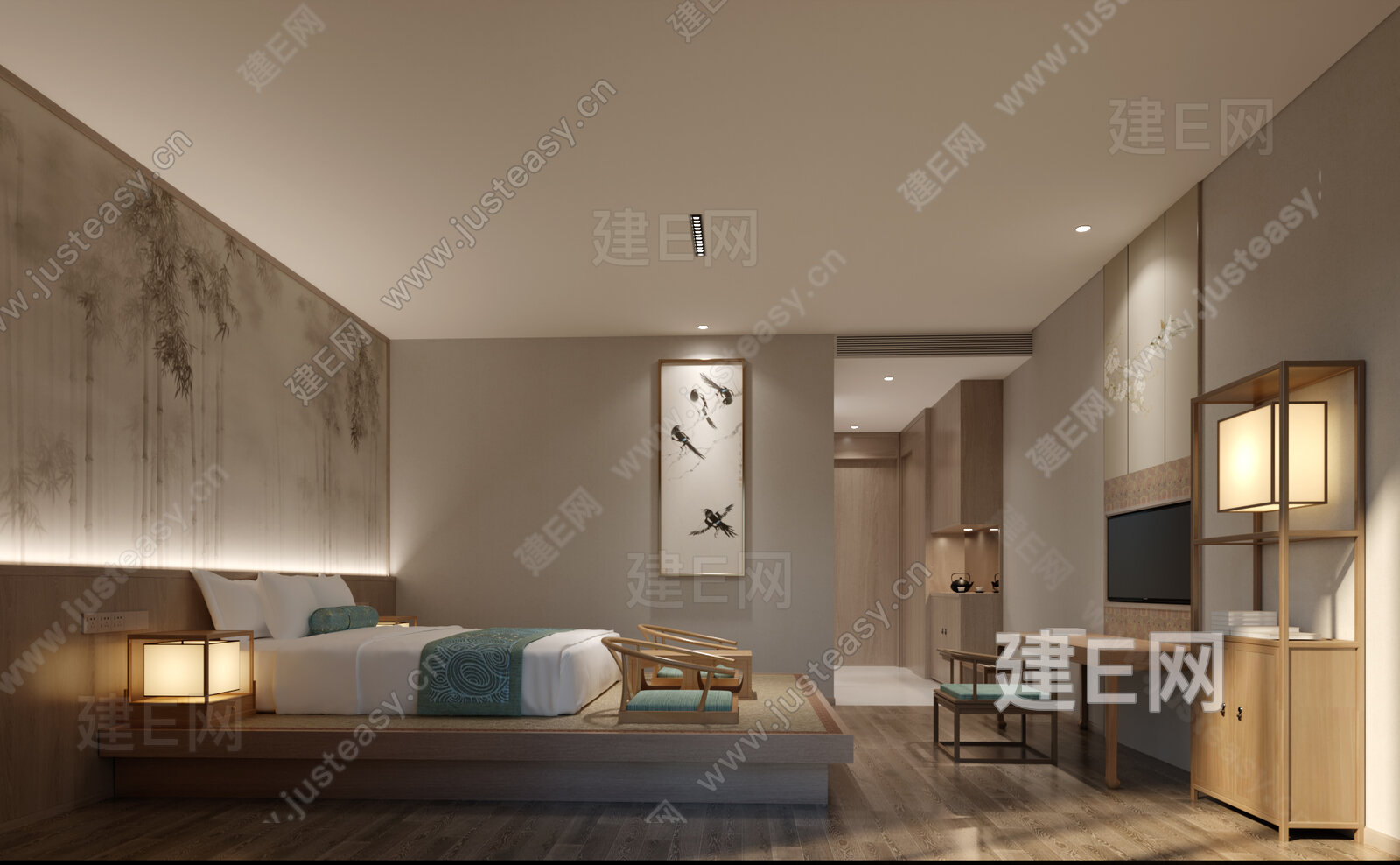 新中式客房3d模型下载[ID:105469118]_建e网3d模型
