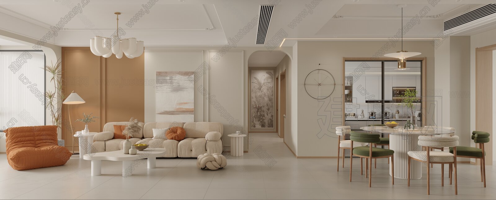轻法奶油风客餐厅3d模型下载[ID:106714224]_建e网3d模型