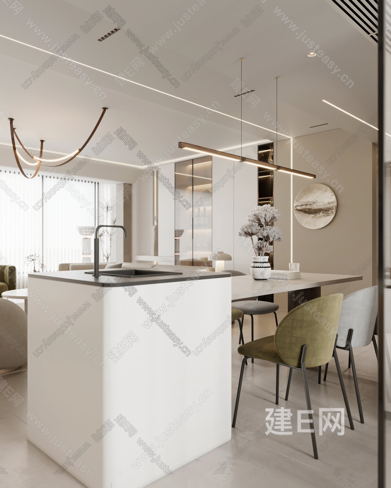 现代奶油风客餐厅3d模型下载[ID:107369679]_建e网3d模型