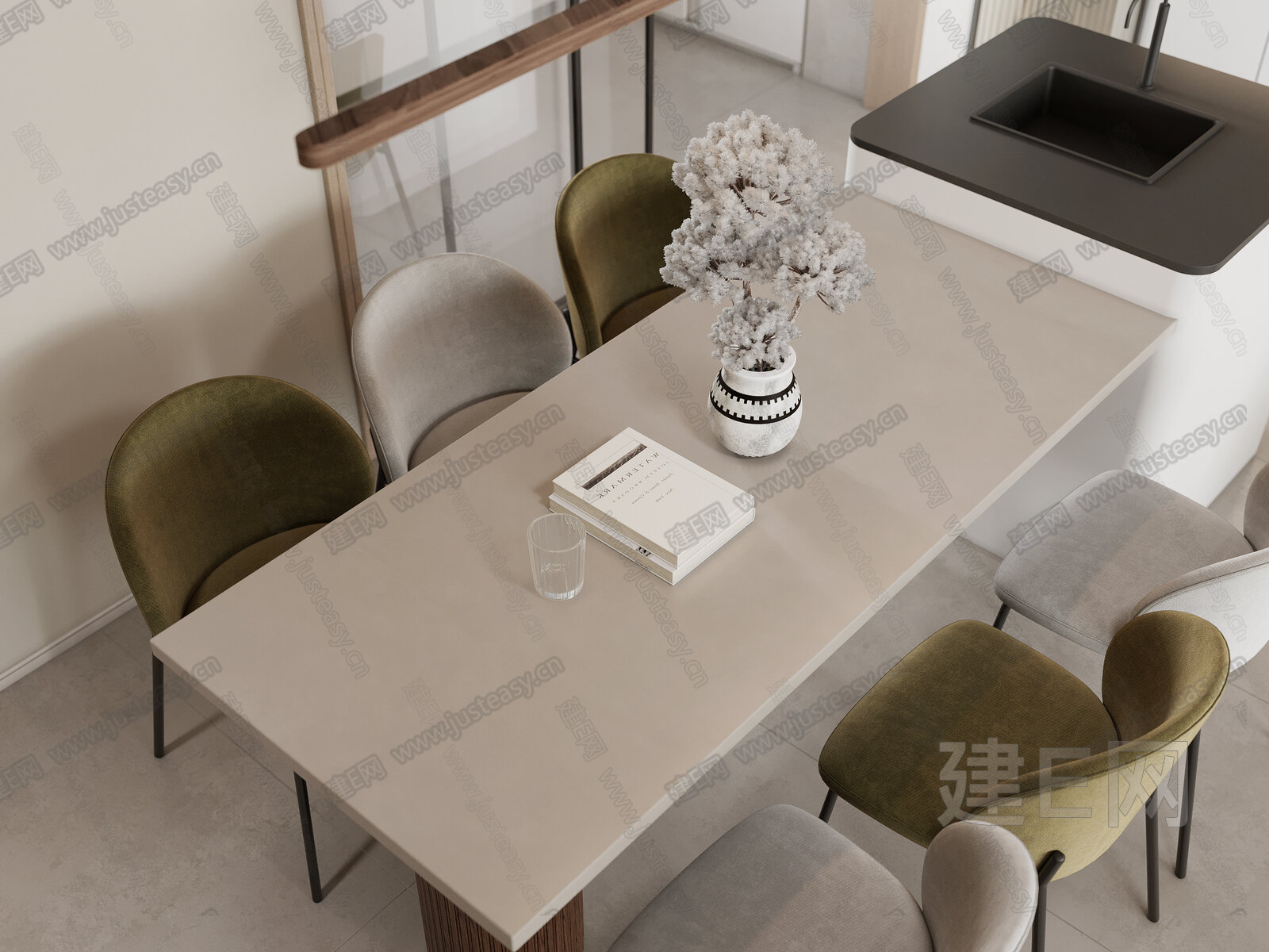 现代奶油风客餐厅3d模型下载[ID:107369679]_建e网3d模型