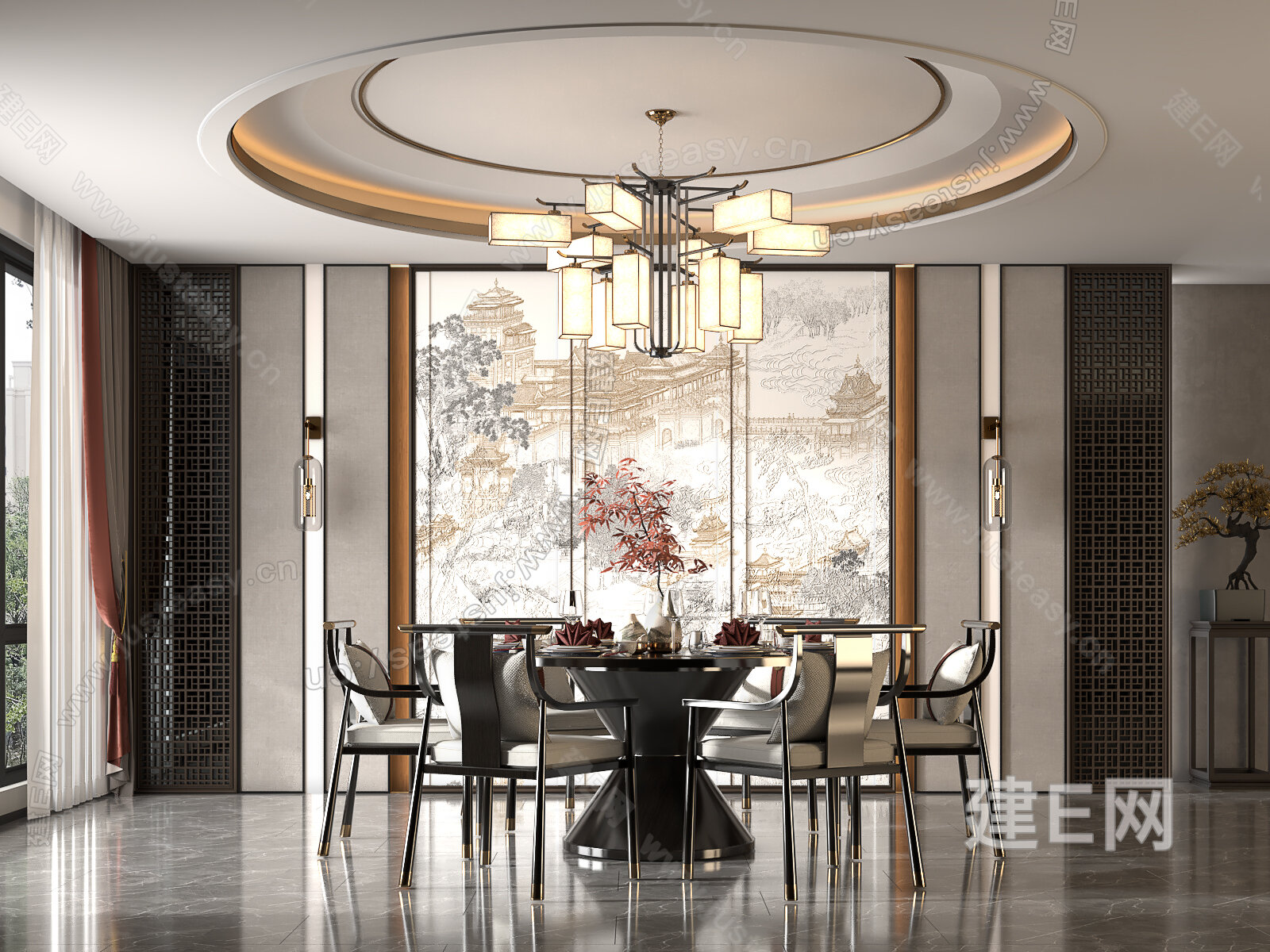 新中式餐厅模型SU模型下载[ID:106843250]_建e网su模型
