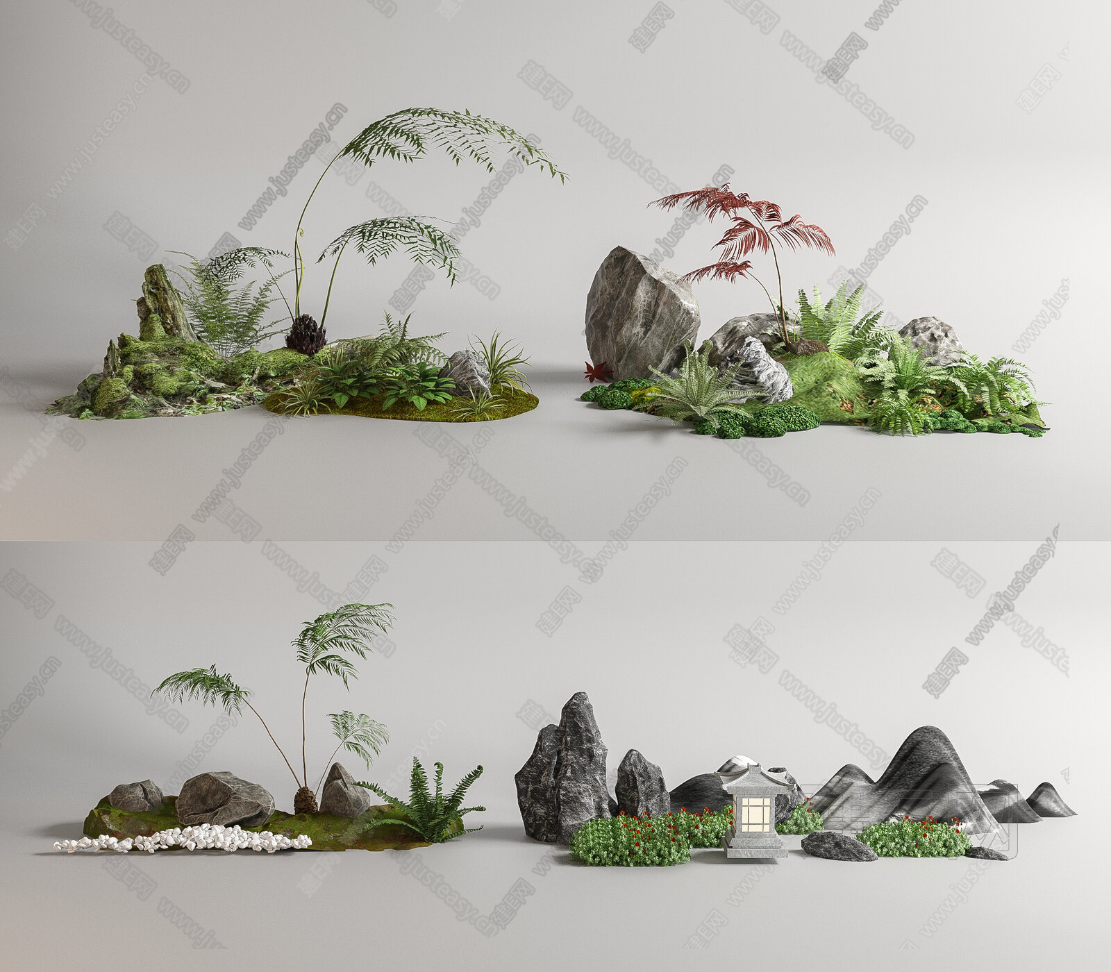 新中式植物组合植物堆庭院小品3d模型下载[ID:107893797]_建e网3d模型