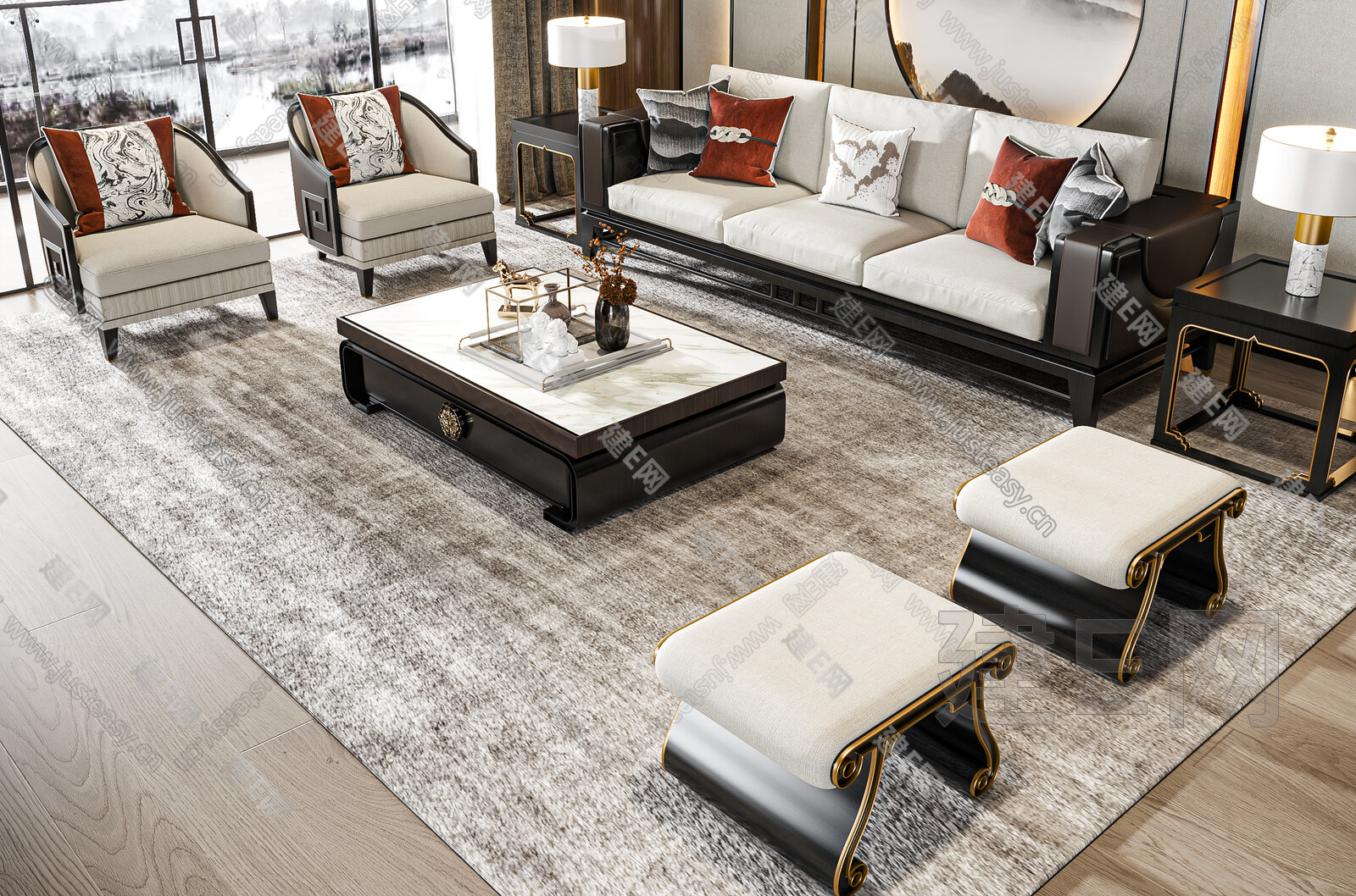 【新中式沙发茶几组合3d模型】建E网_新中式沙发茶几组合3d模型下载[ID:108942591]_打造3d新中式沙发茶几组合模型免费下载平台
