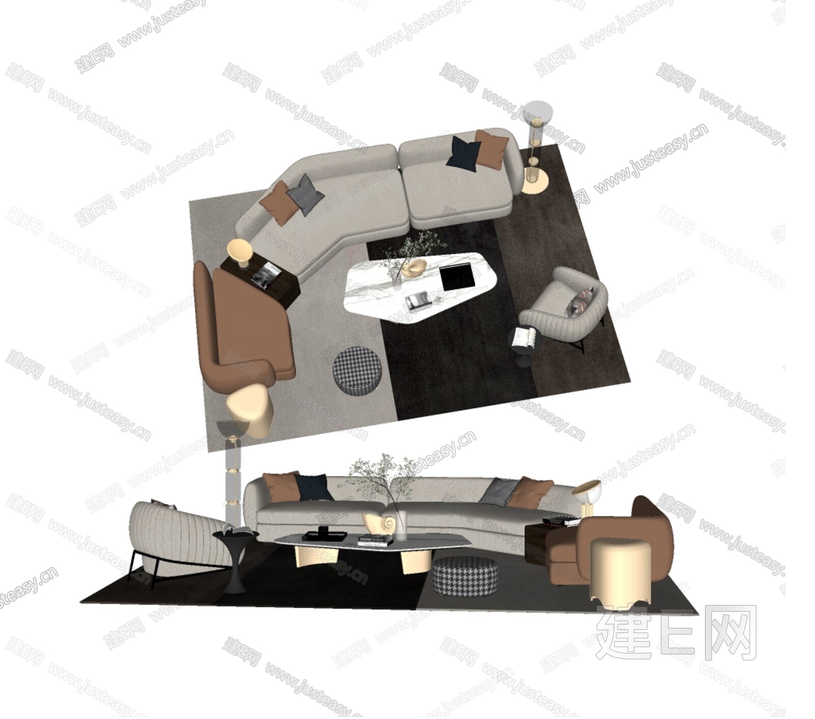poliform 现代沙发茶几组合模型SU模型下载[ID:107891792]_建e网su模型