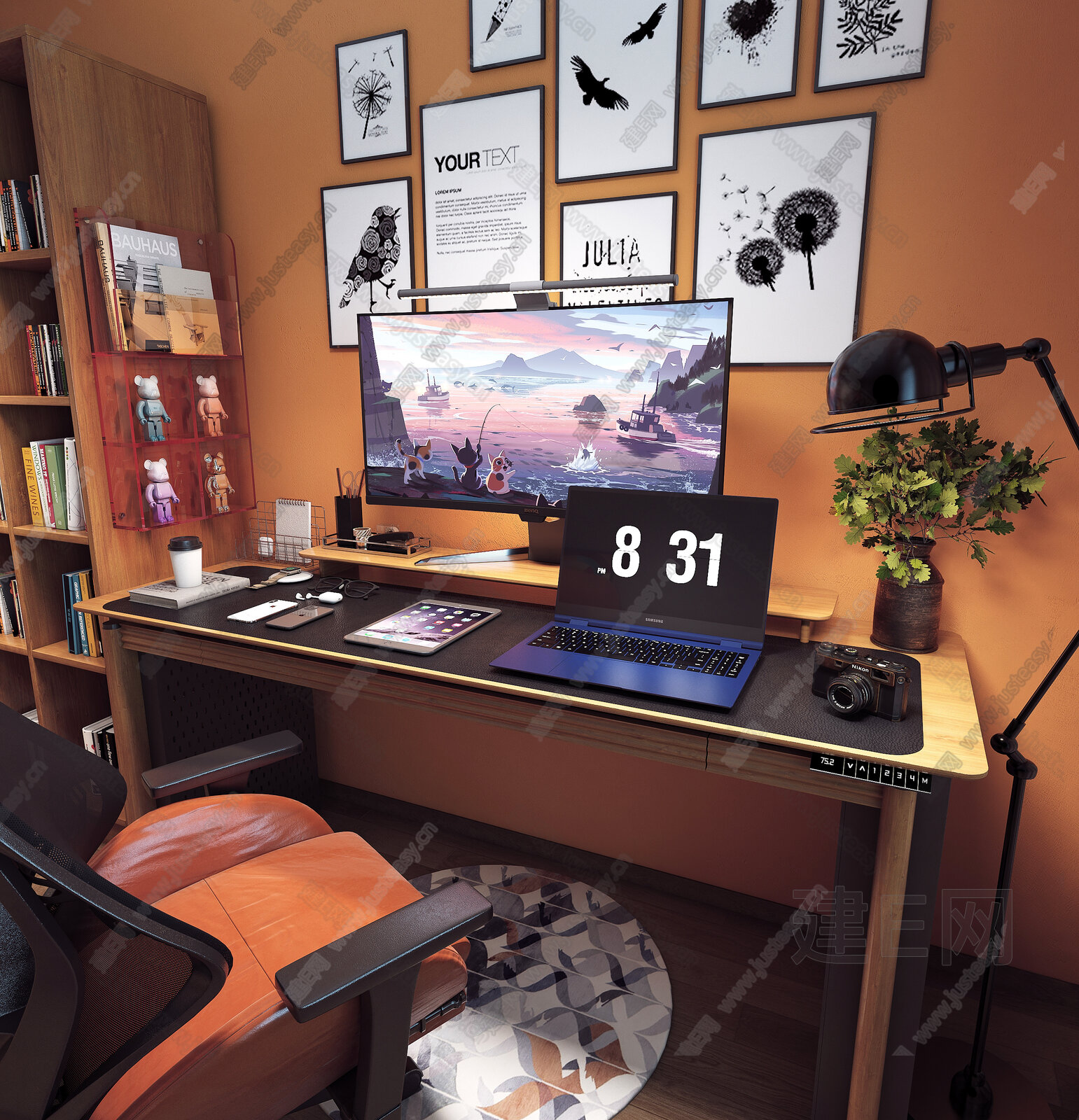 【现代电脑桌面布置3d模型】建E网_现代电脑桌面布置3d模型下载[ID:101078170]_打造3d现代电脑桌面布置模型免费下载平台