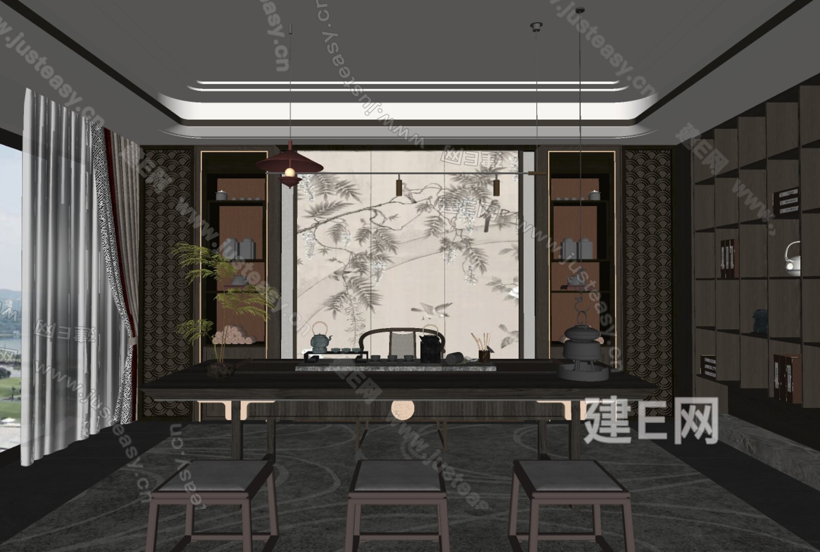 新中式茶室模型SU模型下载[ID:107695123]_建e网su模型