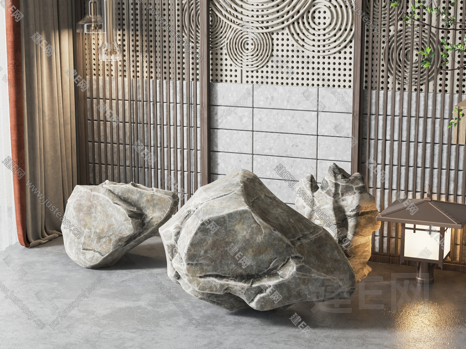新中式石头雕塑摆件SU模型下载[ID:115818566]_建E网SU模型库
