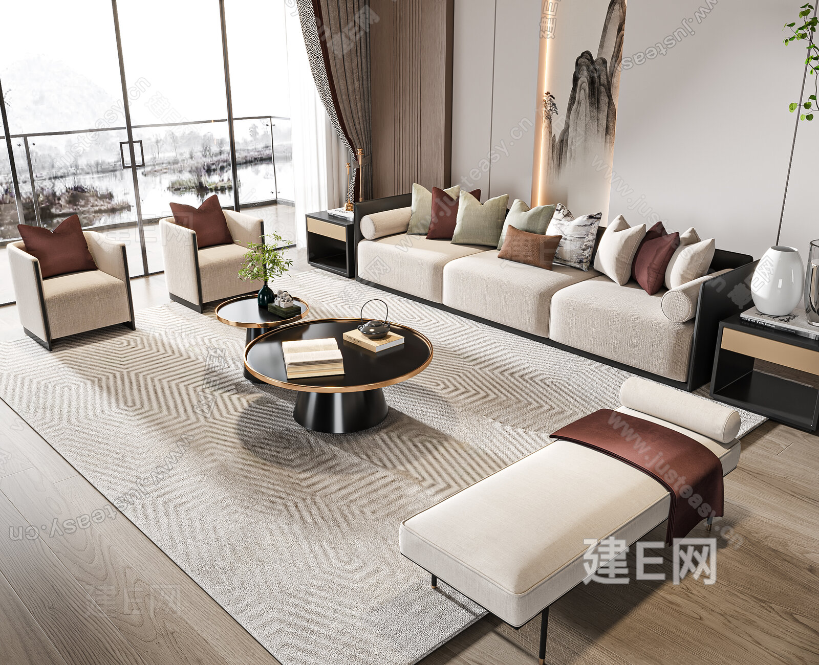 新中式沙发茶几组合模型SU模型下载[ID:108612712]_建E室内设计网