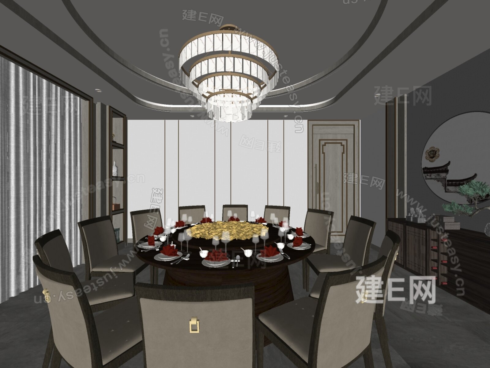 新中式餐厅包厢模型SU模型下载[ID:108219609]_建e网su模型