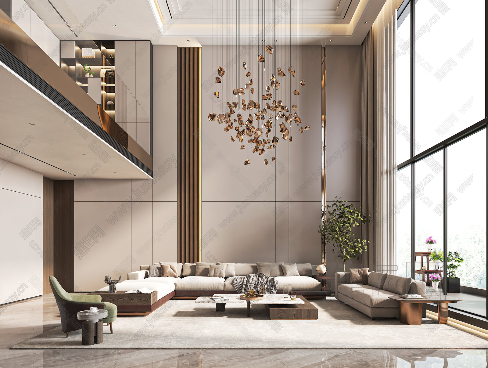 现代轻奢别墅客厅模型SU模型下载[ID:108940374]_建e网su模型