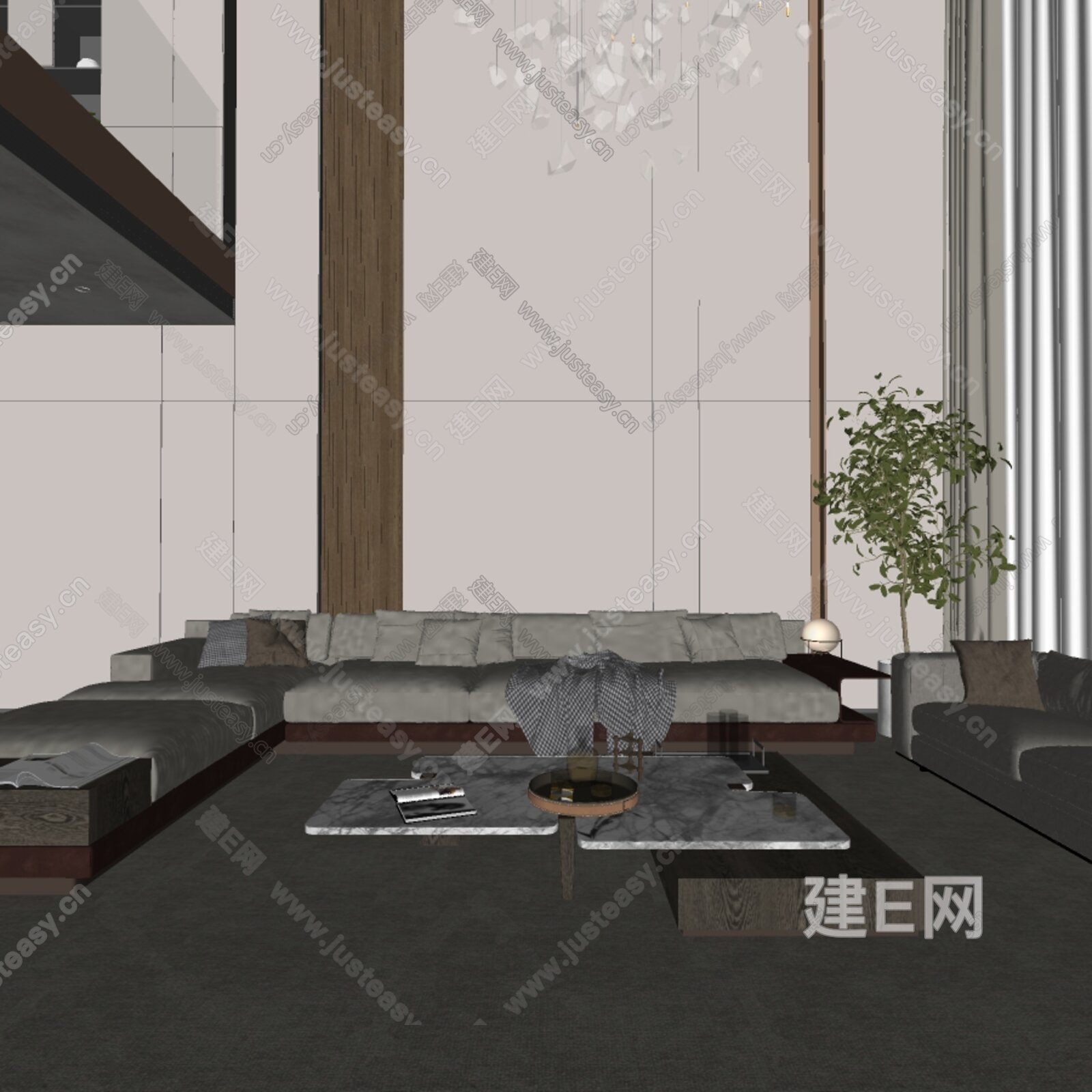 现代轻奢别墅客厅模型SU模型下载[ID:108940374]_建e网su模型