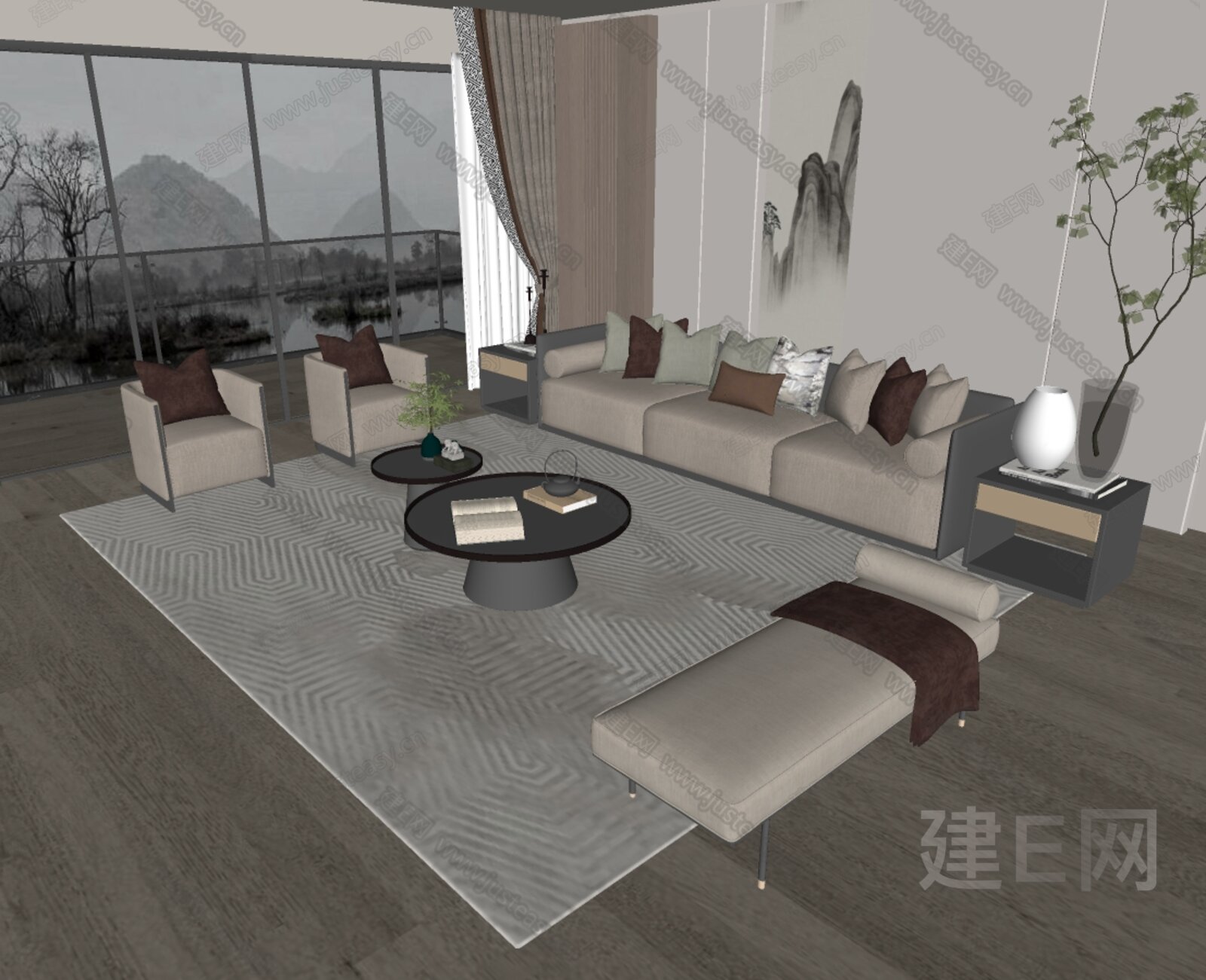 新中式沙发茶几组合模型SU模型下载[ID:108612712]_建E室内设计网