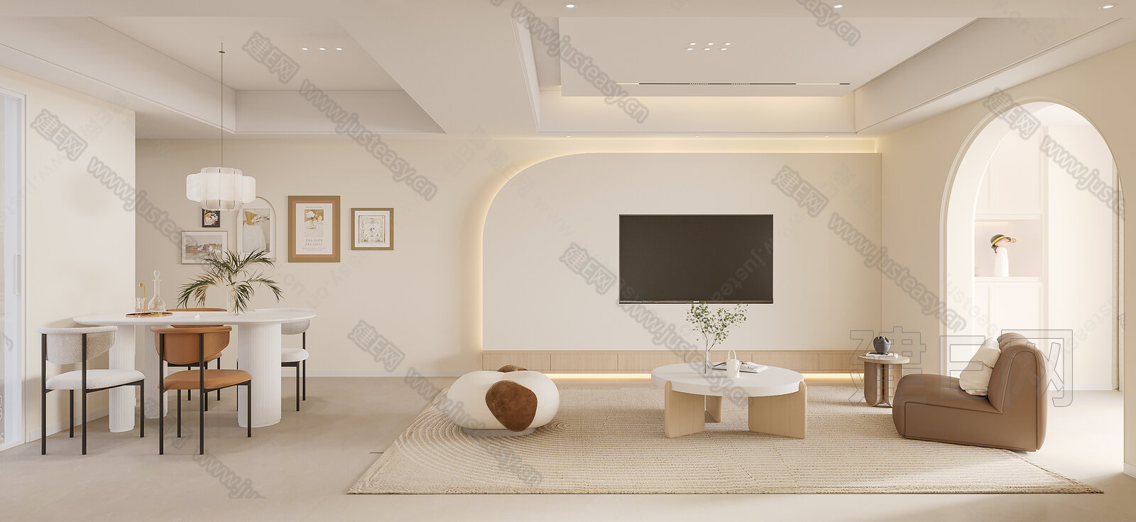 【现代奶油风客餐厅3d模型】建E网_现代奶油风客餐厅3d模型下载[ID:103175388]_打造3d现代奶油风客餐厅模型免费下载平台