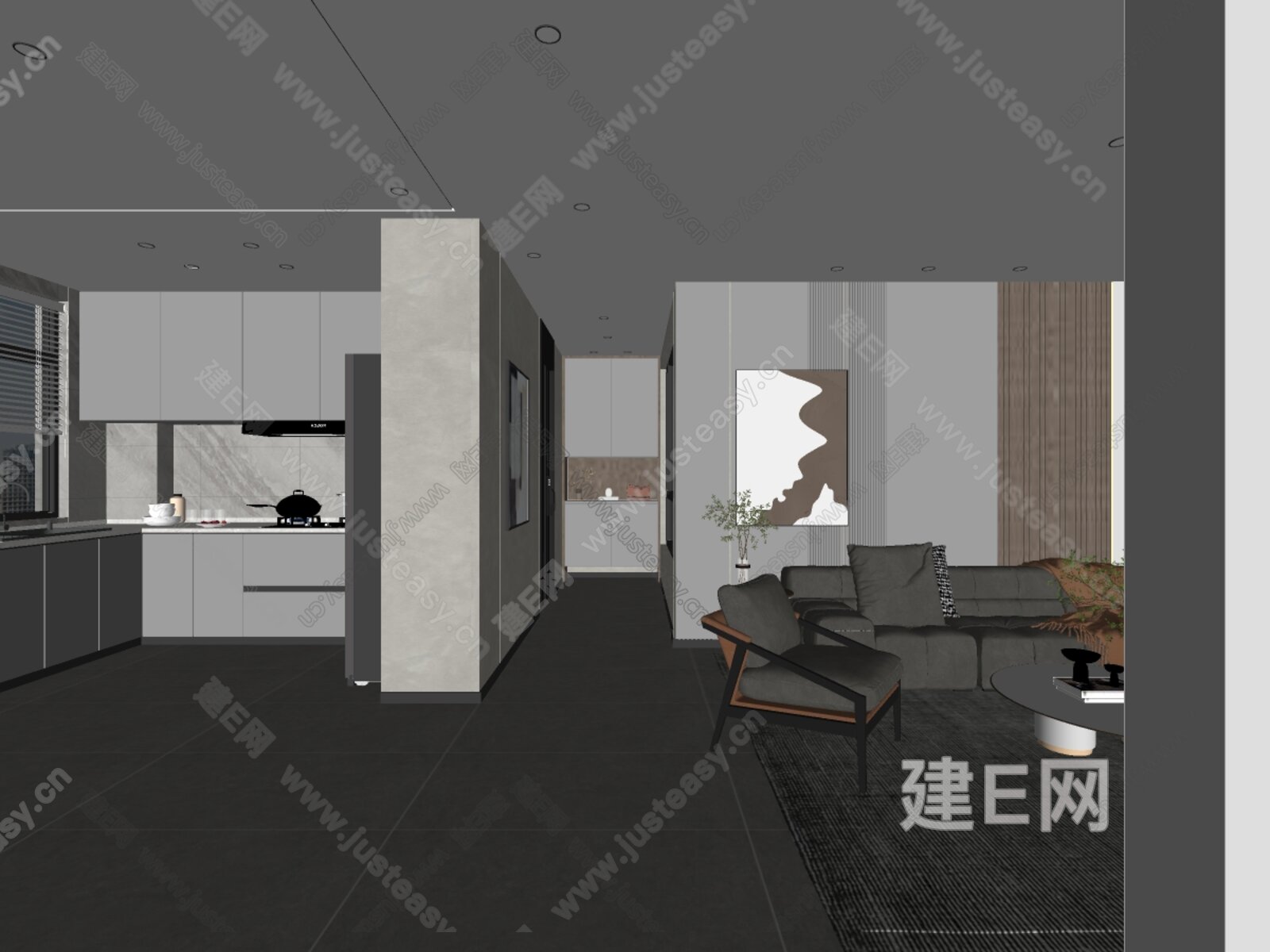 现代极简客餐厅模型SU模型下载[ID:101338272]_建E室内设计网