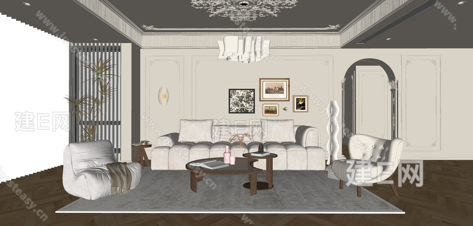 法式奶油风客厅模型SU模型下载[ID:101928071]_建e网su模型