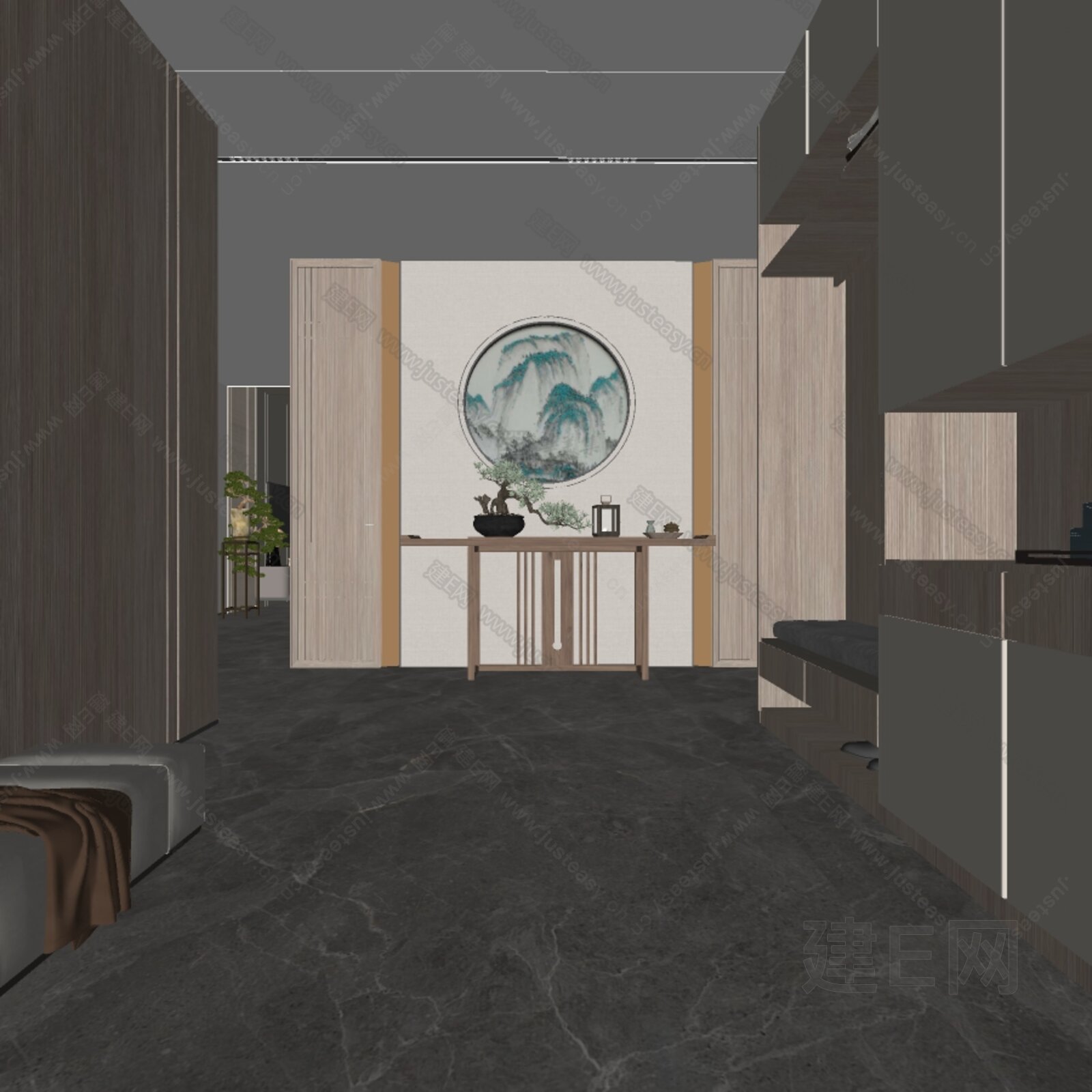 新中式玄关模型SU模型下载[ID:102583394]_建E室内设计网