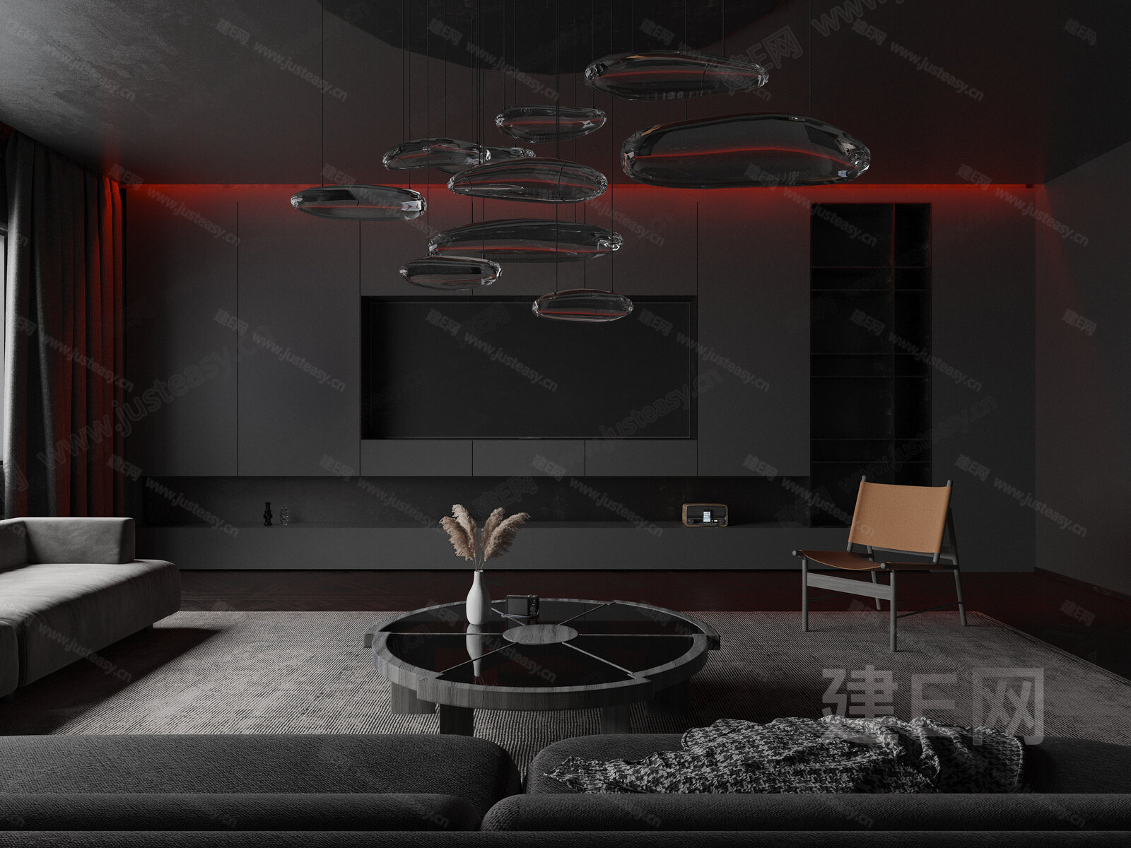 现代暗黑系客厅3d模型下载[ID:104420580]_建e网3d模型
