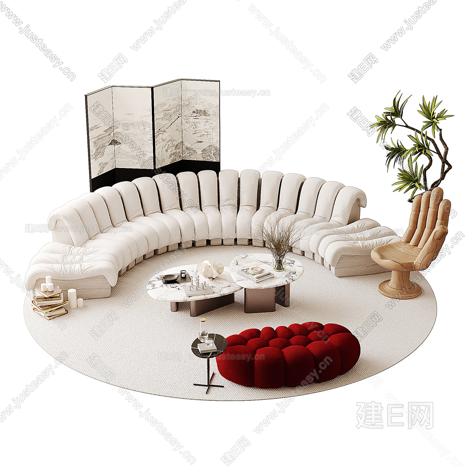 现代弧形沙发茶几组合模型SU模型下载[ID:103238768]_建E室内设计网