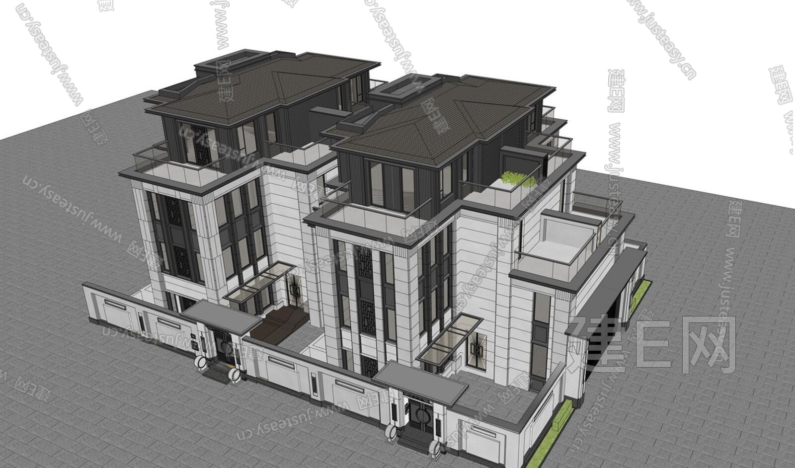 新中式别墅模型SU模型下载[ID:102386914]_建e网su模型
