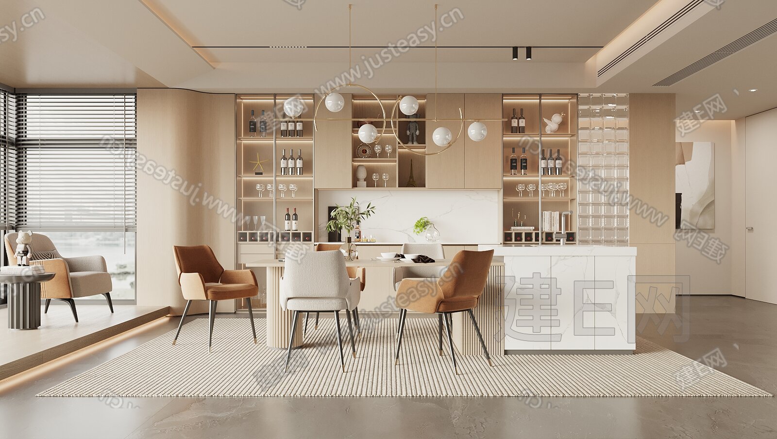 现代奶油风餐厅模型SU模型下载[ID:102911070]_建E室内设计网
