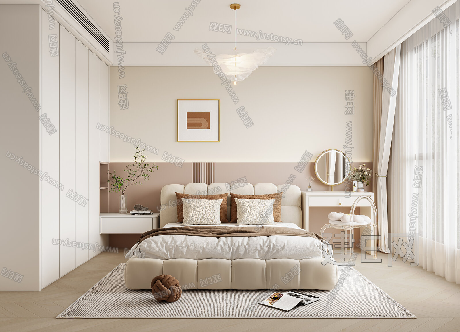 【现代奶油风卧室3d模型】建e网_现代奶油风卧室3d模型下载[ID:113988743]_打造3d现代奶油风卧室模型免费下载平台