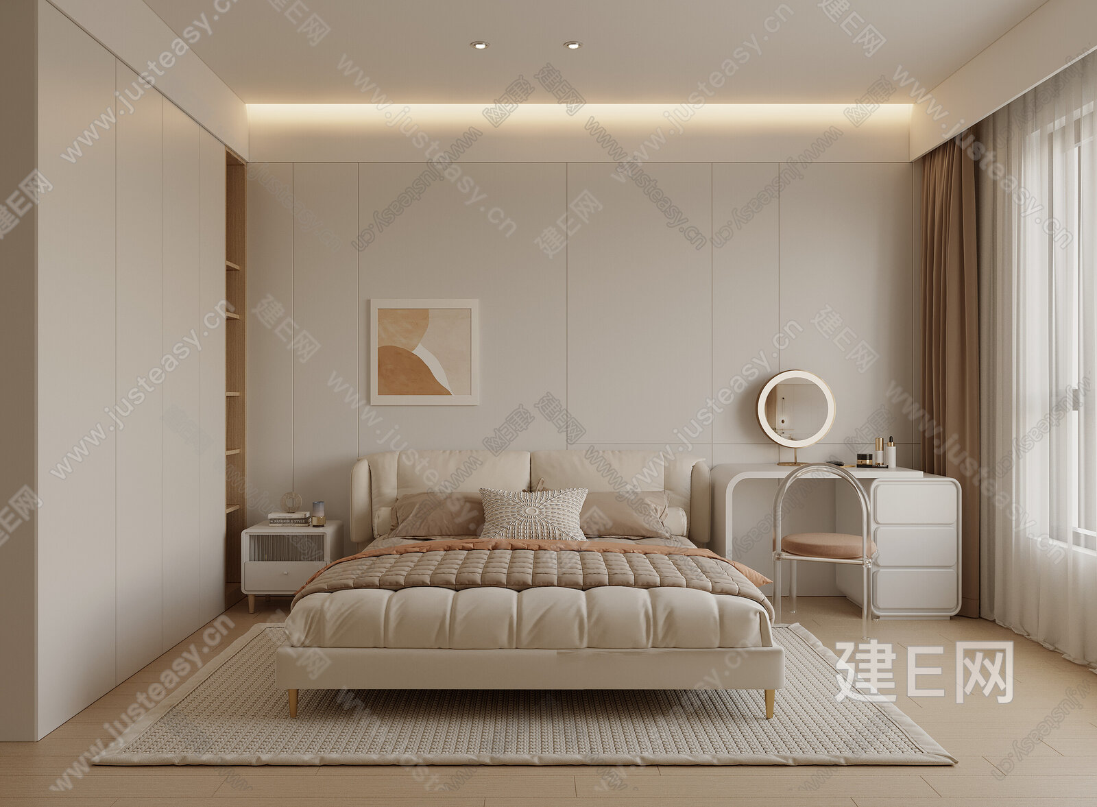 【现代奶油风卧室3d模型】建e网_现代奶油风卧室3d模型下载[ID:115168378]_打造3d现代奶油风卧室模型免费下载平台