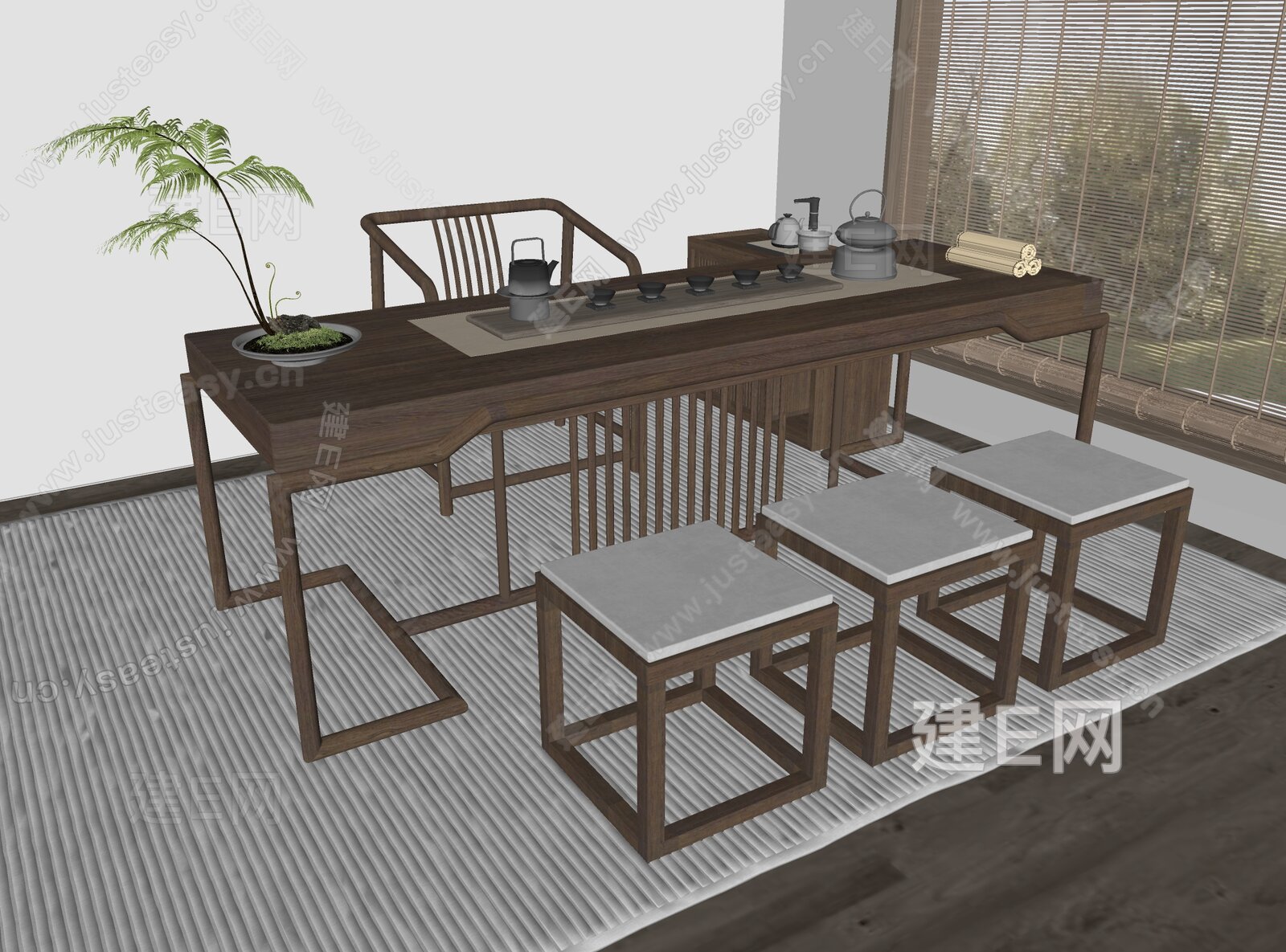 新中式茶桌椅模型SU模型下载[ID:104418505]_建E室内设计网