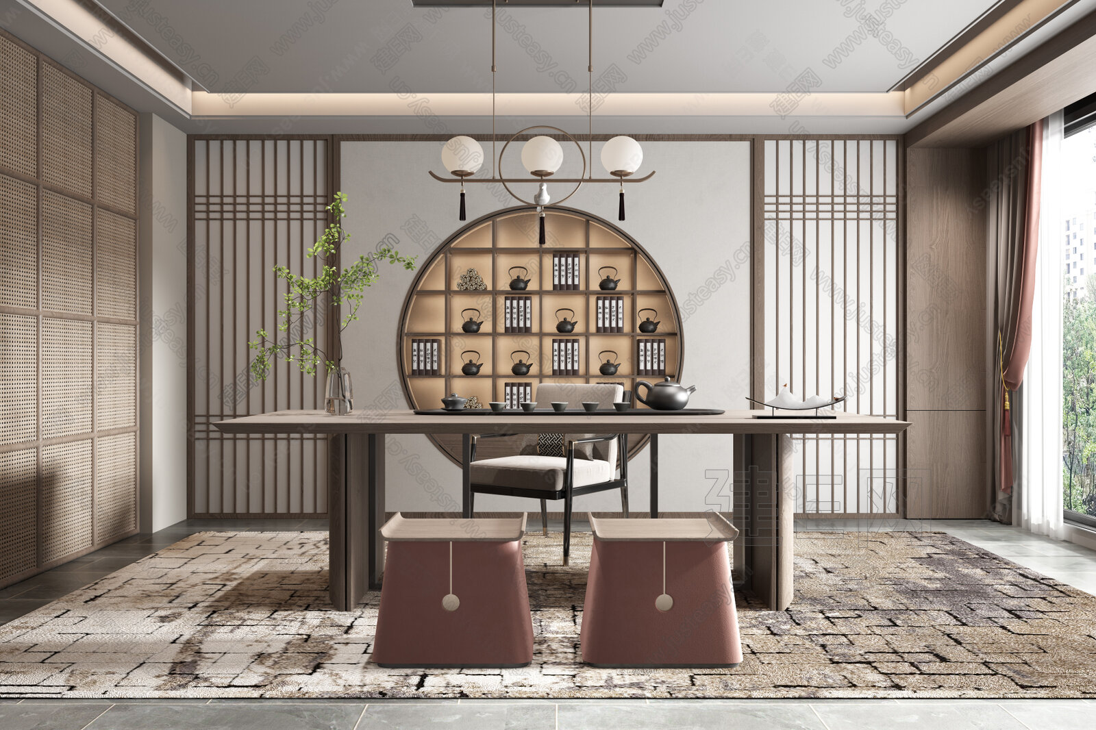 新中式茶室模型SU模型下载[ID:104419049]_建E室内设计网