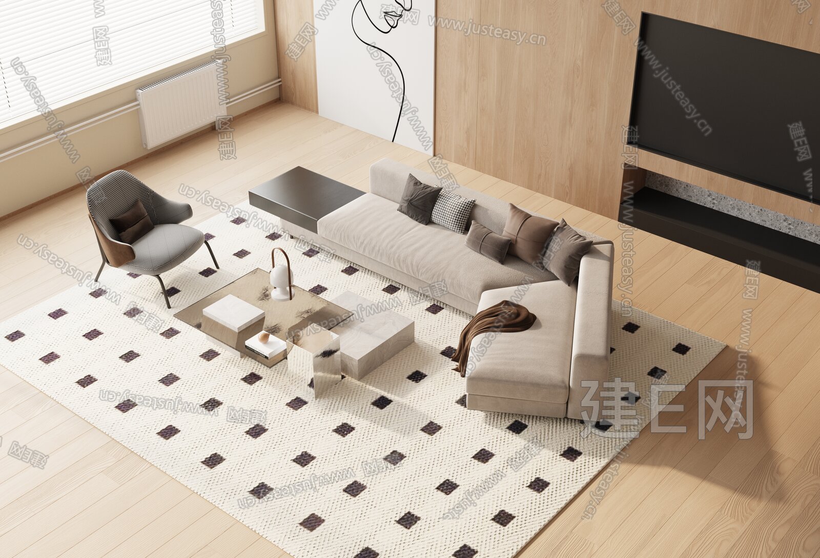 现代沙发茶几组合模型SU模型下载[ID:114379961]_建E室内设计网