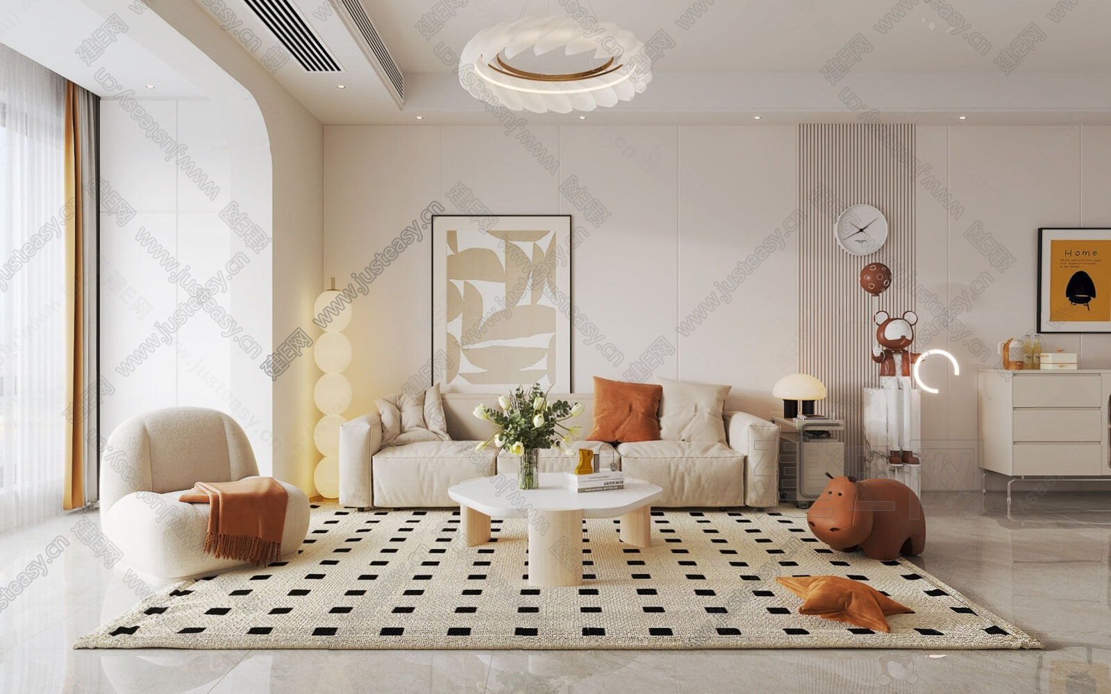 现代奶油风客餐厅3d模型下载[ID:116872339]_建e网3d模型
