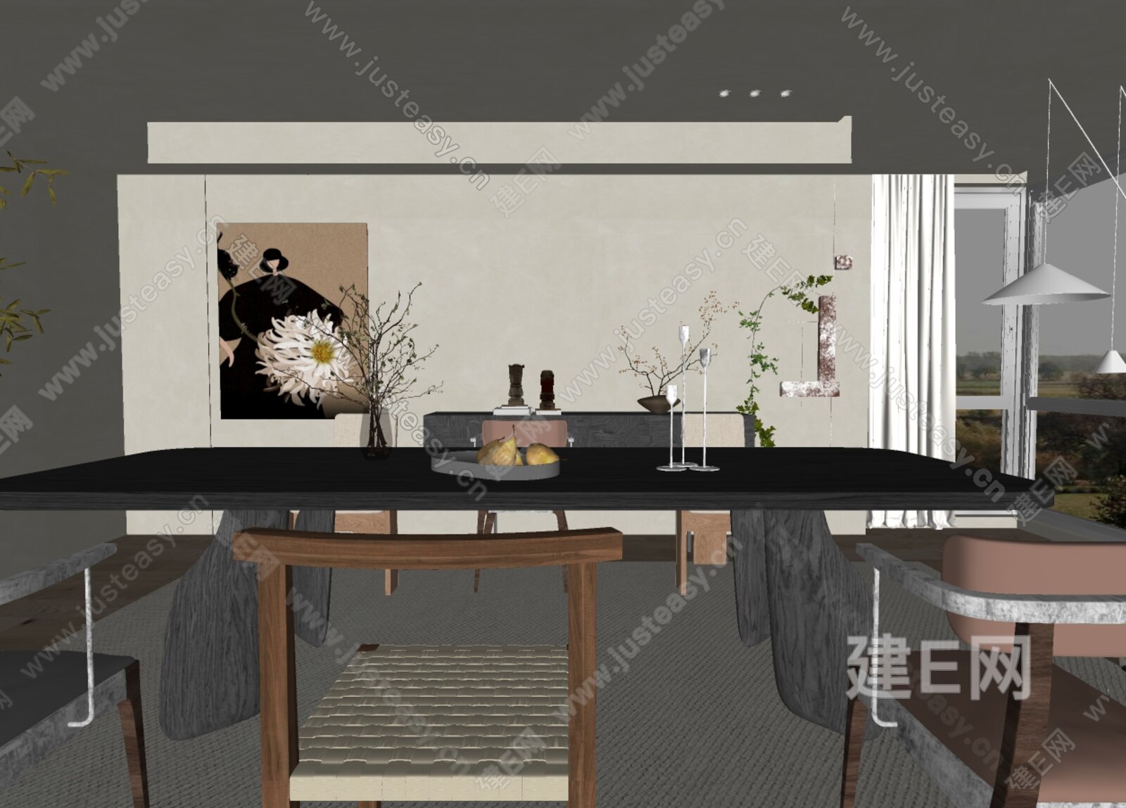 侘寂风餐厅模型SU模型下载[ID:114707618]_建e网su模型