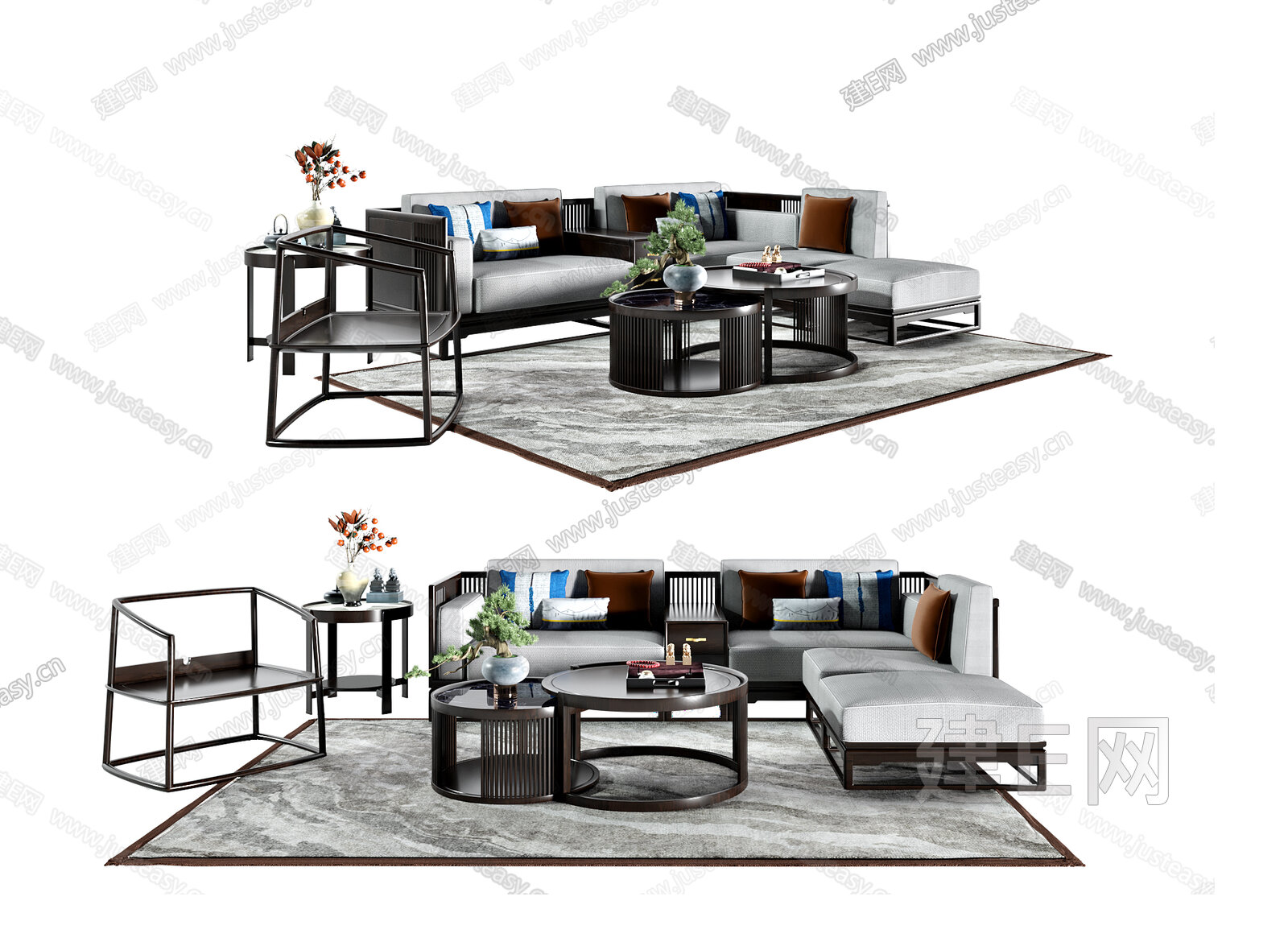 新中式沙发茶几组合3d模型下载[ID:109401300]_建e网3d模型