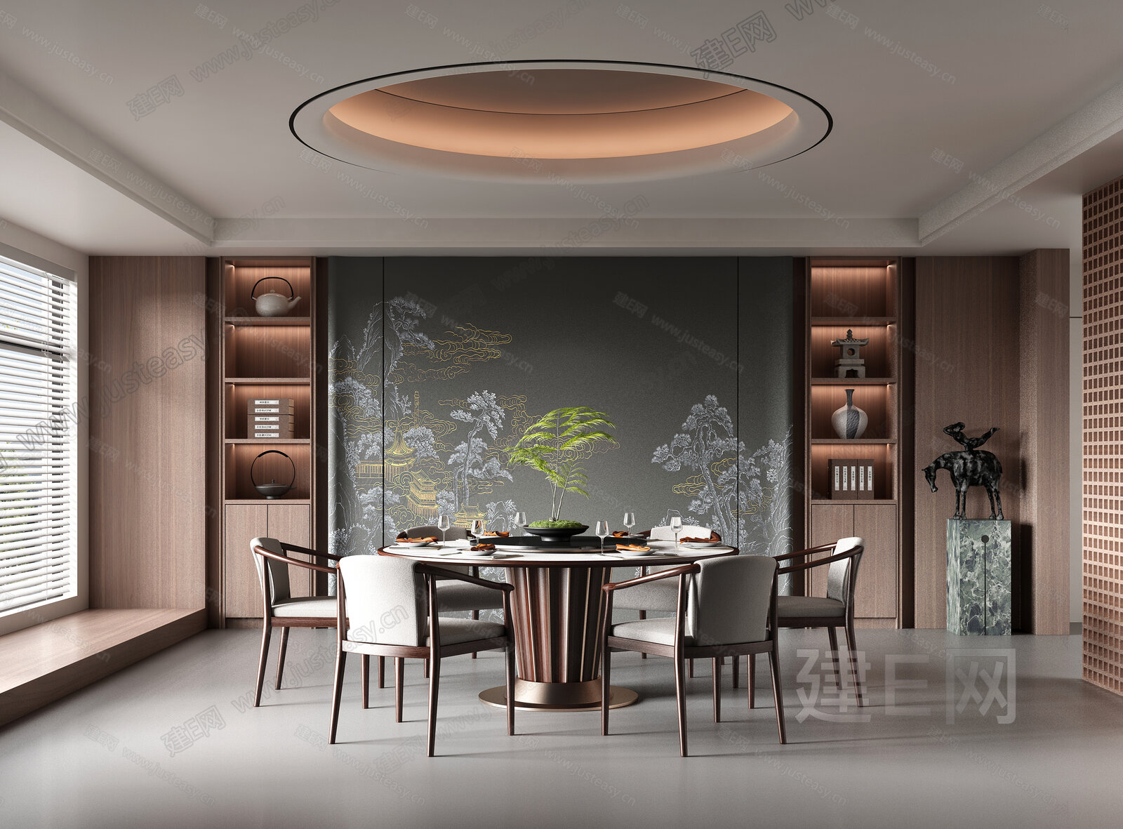 新中式餐厅模型SU模型下载[ID:114838594]_建E室内设计网
