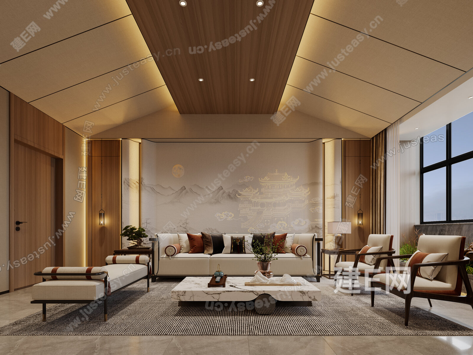 【新中式轻奢客厅3d模型】建E网_新中式轻奢客厅3d模型下载[ID:109466834]_打造3d新中式轻奢客厅模型免费下载平台