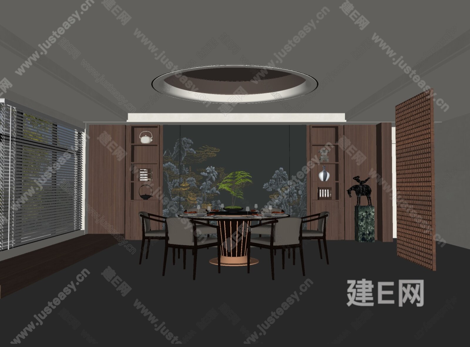 新中式餐厅模型SU模型下载[ID:114838594]_建E室内设计网