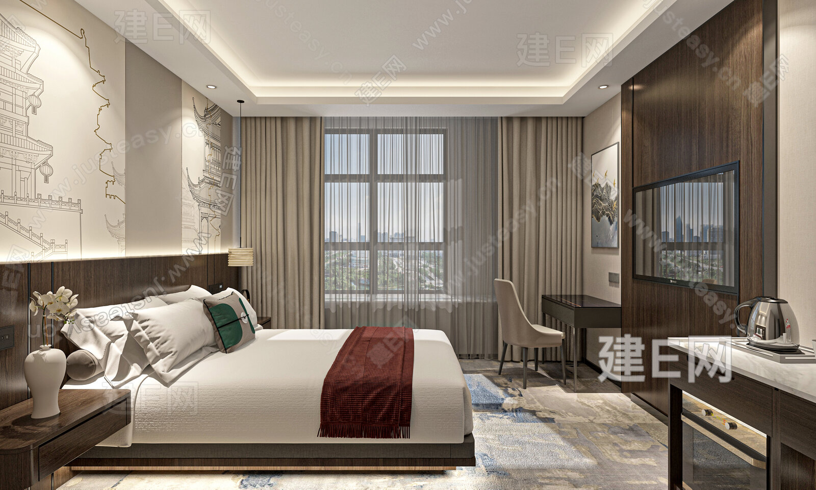 新中式酒店客房3d模型下载[ID:109860032]_建e网3d模型